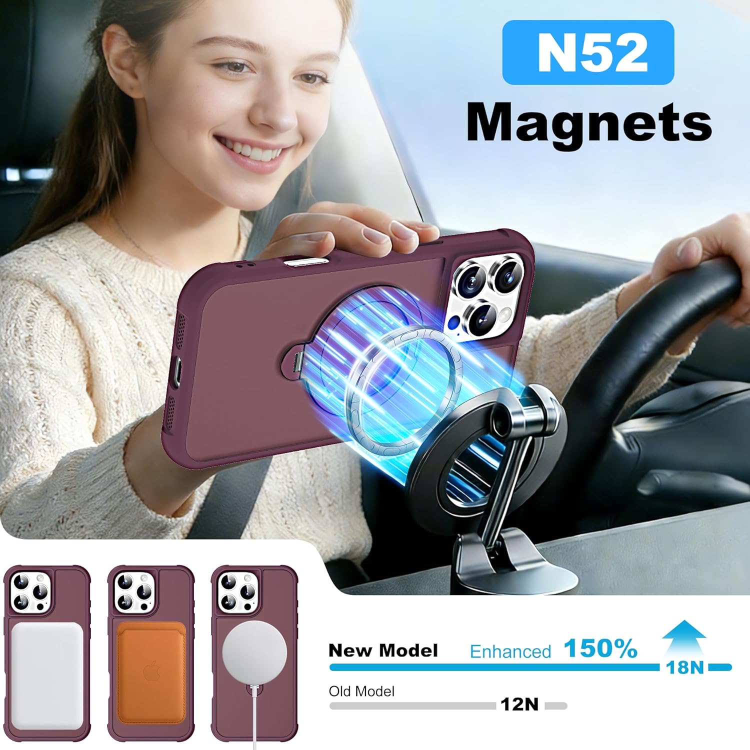 Compatible with iPhone 16 Pro Max Case with Magnetic 360°Spin Stand,[Compatible with Mag-Safe] Non-Slip Edge Military-Grade Protection Translucent Case for 16 Pro Max 6.9", Wine Red