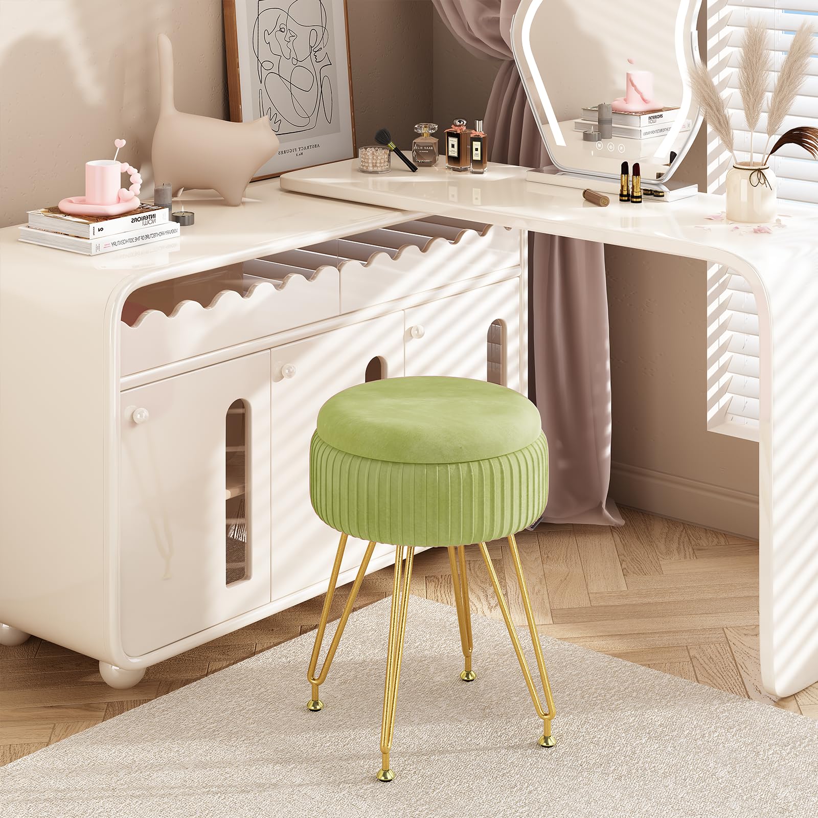 Redlife Velvet Vanity Chair, otomano Tocador taburete de almacenamiento, moderno y elegante, color verde matcha