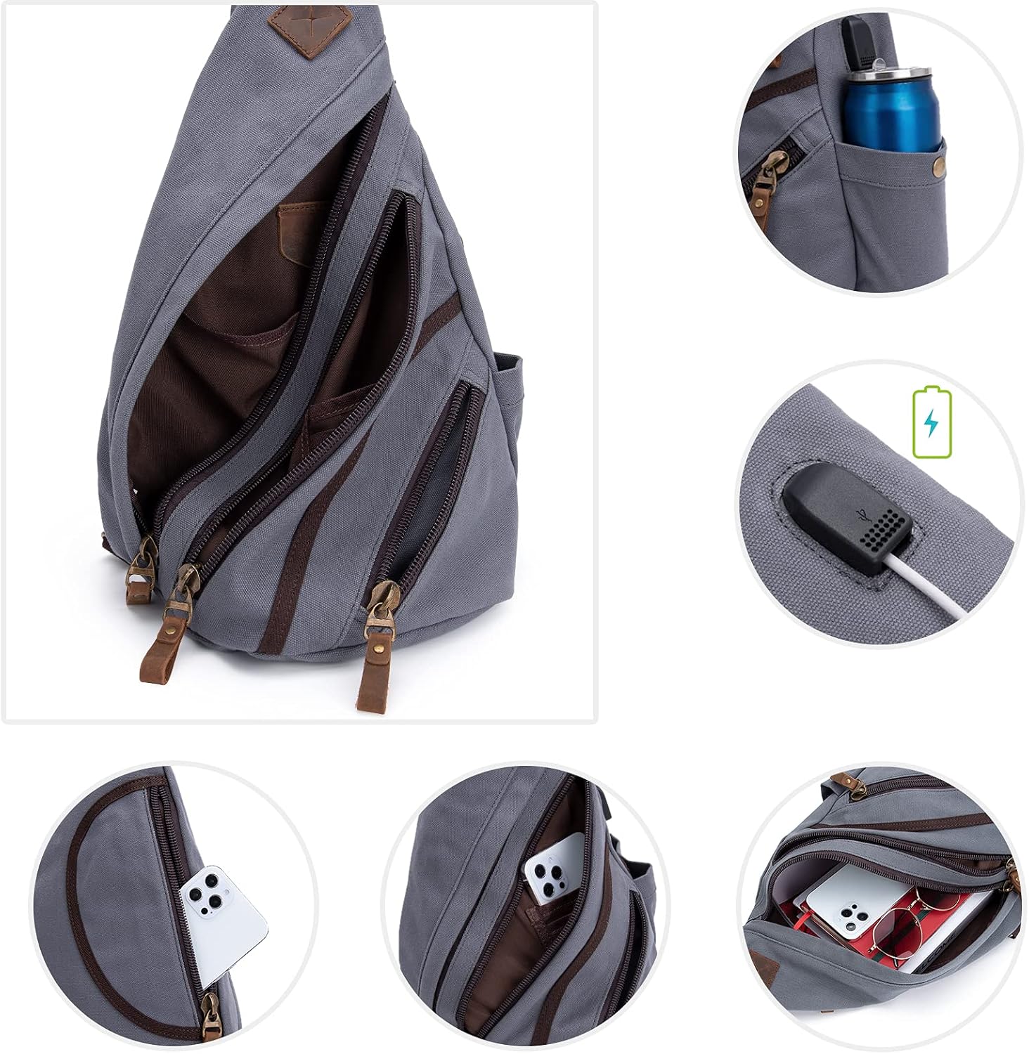 DAVIDNILE Canvas Sling Bag Crossbody Backpack Genuine Leather Shoulder Bag Casual Daypacks For Men 0068-ash