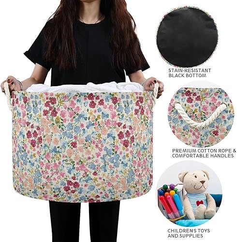 Miniatura 6 de Purse Trendy Floral Pink Flower storage basket collapsible and waterproof cloth baskets circle with sturdy handle rack utility Decoration for pantry