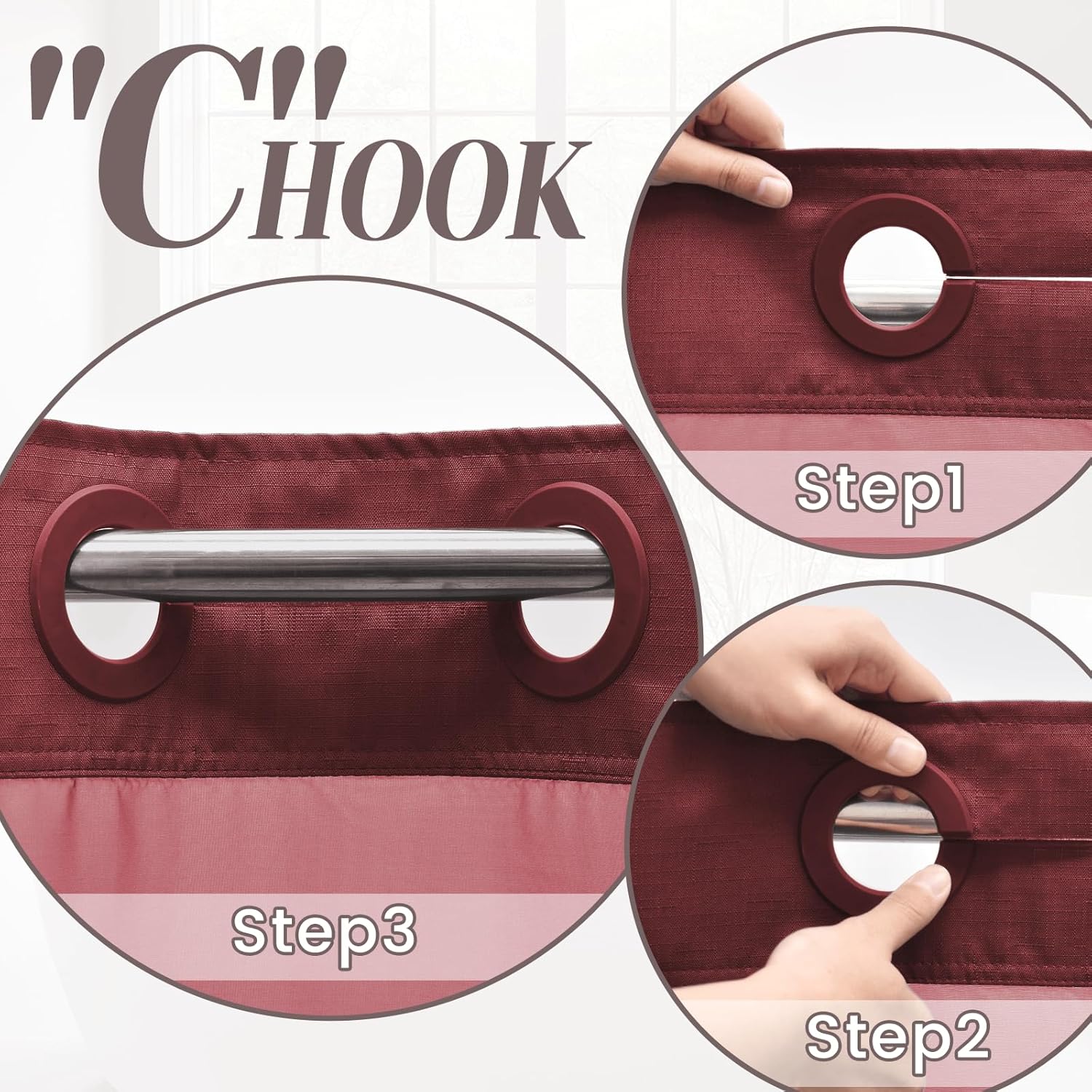 SORTTO No Hook Slub Textured Shower Curtain with Snap in Liner - Burgundy Fabric Outer Curtain & Waterproof Inner Liner, Hotel Style with See Through Top Window, 71x74 in thumbnail