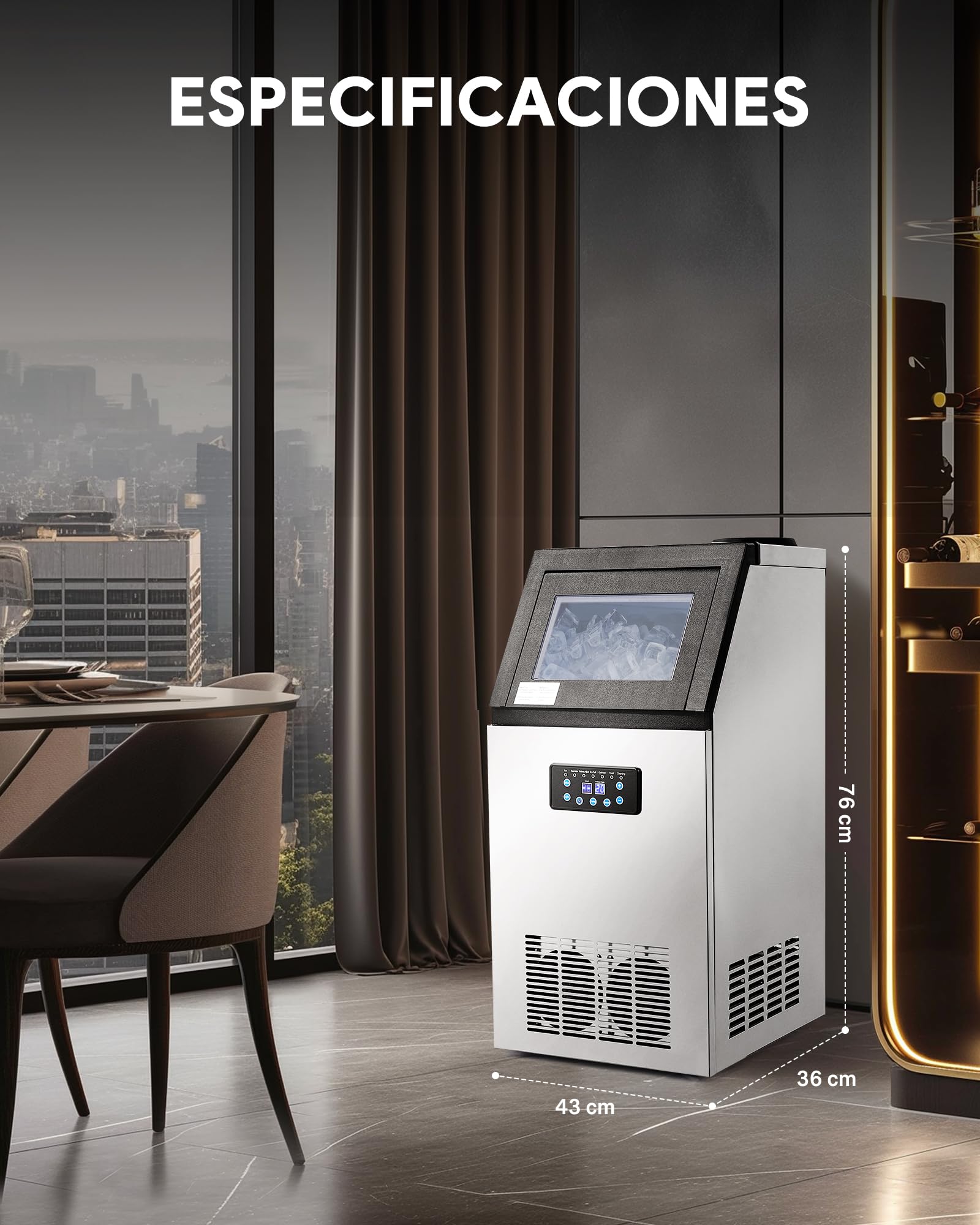 CREWORKS Máquina de Hielo Industrial 73 kg/24 h, 45 Cubitos por Ciclo, Almacenamiento 10 kg, Máquina para Hacer Hielo en Cubos para Bar, Restaurante y Cafetería