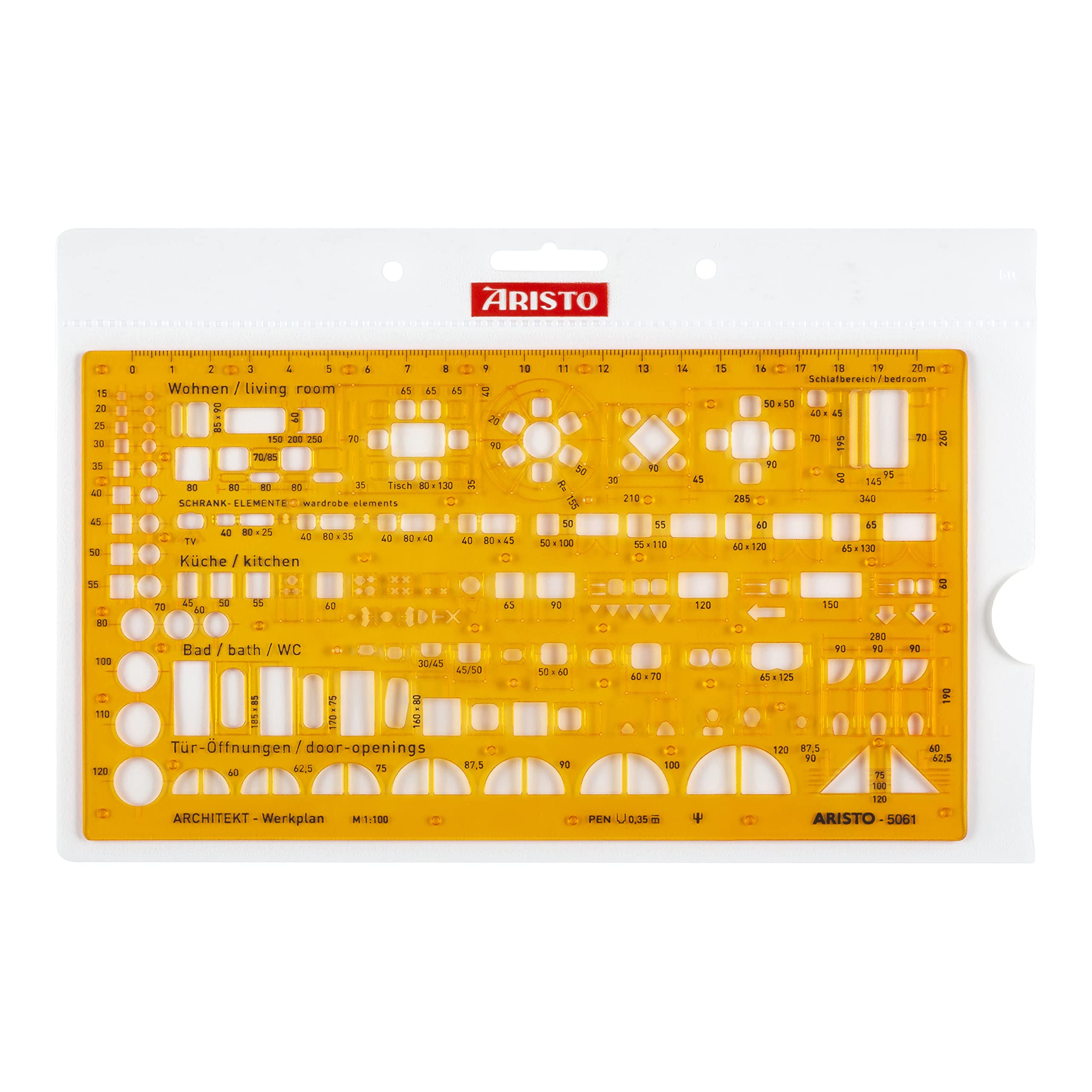 Aristo AR5061 Architektur Kombi Schablone 2 (1:100, Symbole für Grundrissdarstellung, Tuschenoppen, formstabiler PET-Kunststoff) orange-transparent