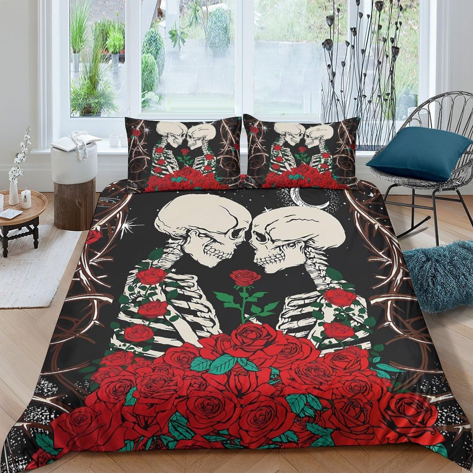 Ctjqhvkz Style-6 3D Printed Gothic Skeleton Rose Fitted Sheet Microfiber Non Slip Bed Cover For Bedroom Guest Room Decor Single（135X200cm）
