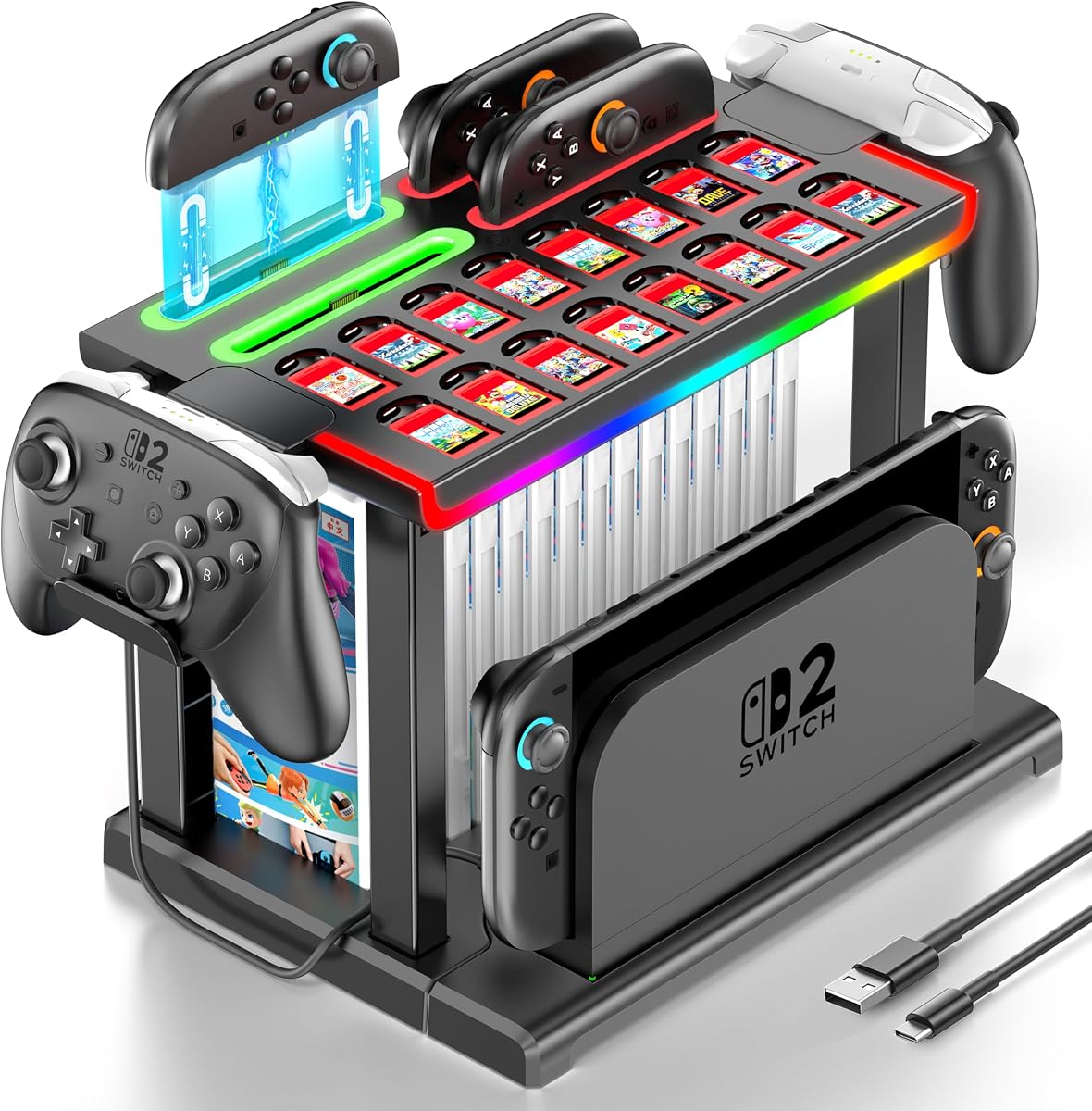Estación organizadora Switch 2 RGB con base de carga para controlador, soporte de almacenamiento Switch 2, cargador Joycon 2, accesorios para juegos para base de TV, 16 estuches para juegos, 16 tarjetas de juego y 2 controladores profesionales
