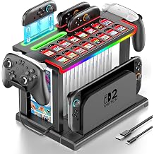 Switch 2 RGB Organizer Station with Controller Charging Dock, Switch 2 Storage Stand, Joycon 2 Charger, Gaming Accessories Holds TV Dock, 16 Game Cases, 16 Game Cards and 2 Pro Controllers