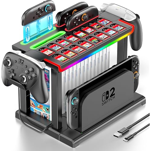 Switch 2 RGB Organizer Station with Controller Charging Dock, Switch 2 Storage Stand, Joycon 2 Charger, Gaming Accessories Holds TV Dock, 16 Game Cases, 16 Game Cards and 2 Pro Controllers