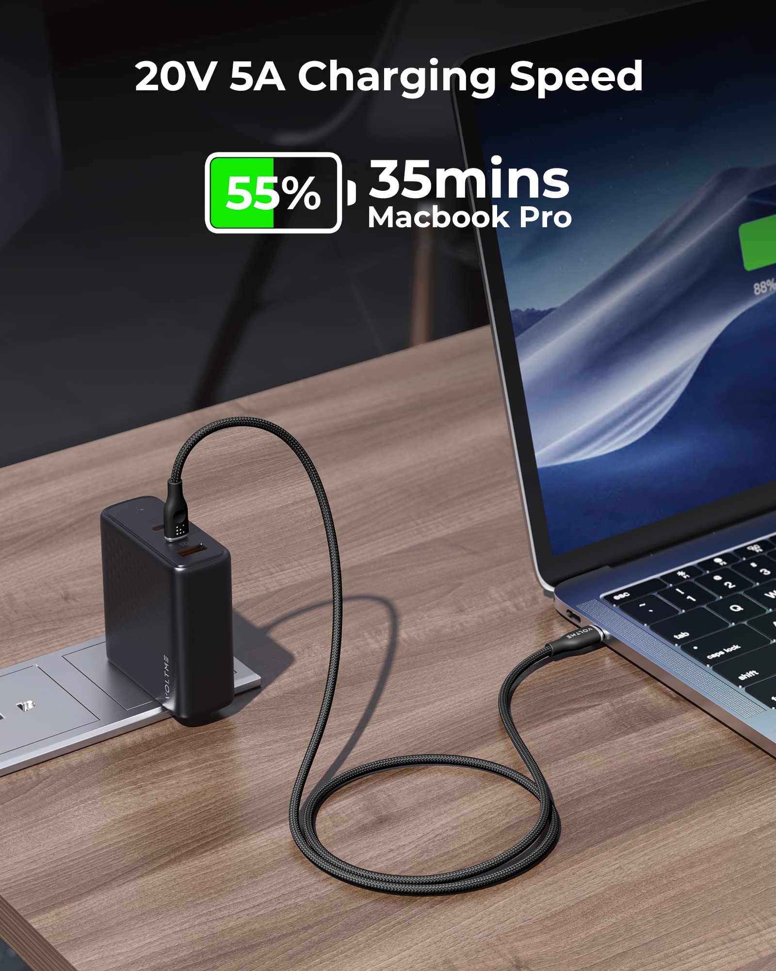 VOLTME Set di 2 Cavo USB C a USB C PD 5A 100W Nylon Intrecciato 1.80m, RUGG USB-C Tipo C Cavo di Rapida Compatibile con MacBook, MateBook pro, Pixel 7/6 Pro/5/4XL, iPad Pro, Galaxy, ecc. (nero)