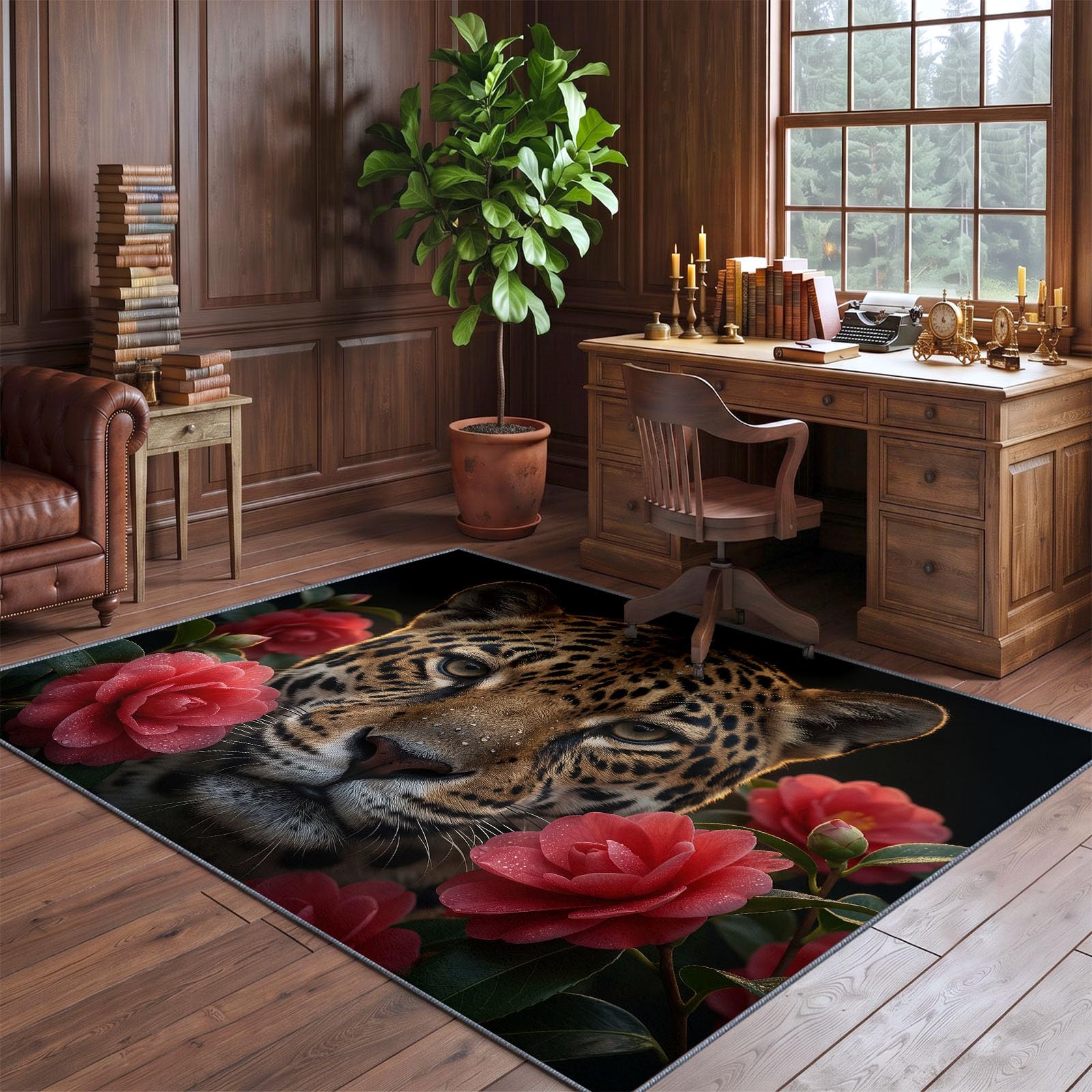 Générique Peinture À l'huile Réaliste Tapis de Salon Lavable en Machine 80 x 150 cm, Tapise antidérapant, Tapis de Chambre Style Guépard Roses Rouges Fleurs Fraîches pour Le Salon, l'entrée, Noir