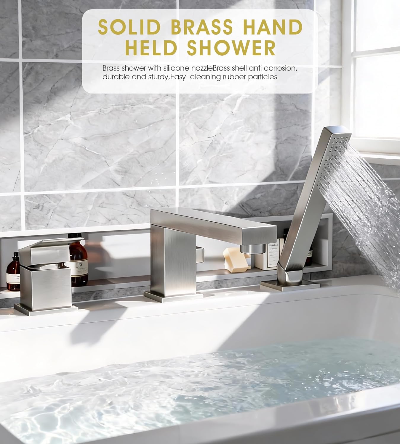 Modern Roman Tub Faucet with 360° Rotated Spout, Deck Mount Bathtub Faucet with Hand Shower, Widespread 3 Holes Bath Tub Filler Faucet Rough In Valve Included (Brushed Nickel)