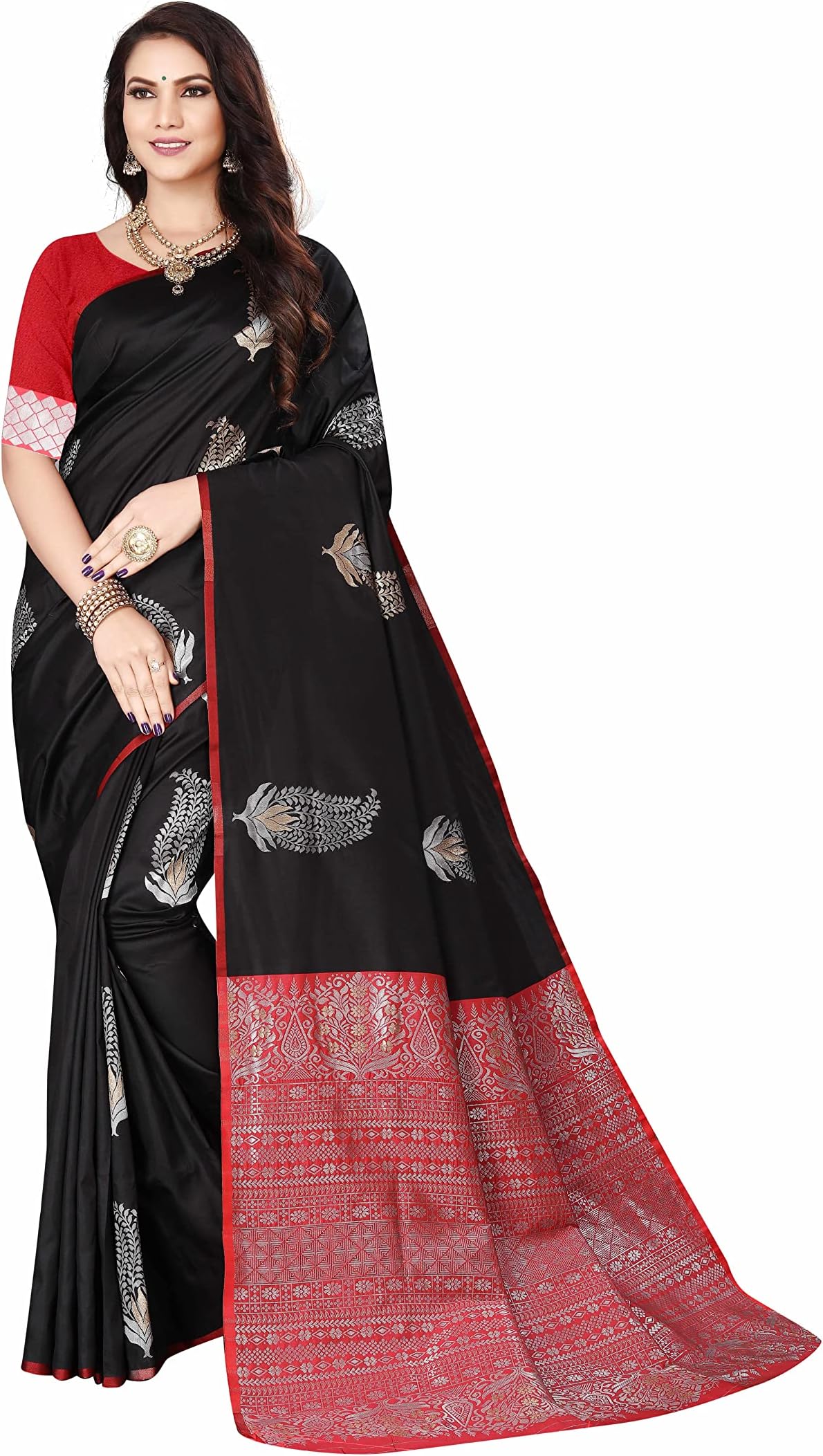 Exceeded STORE AND G FASHION Banarasi Art Silk Saree with Unstitched Blouse Piece, Red