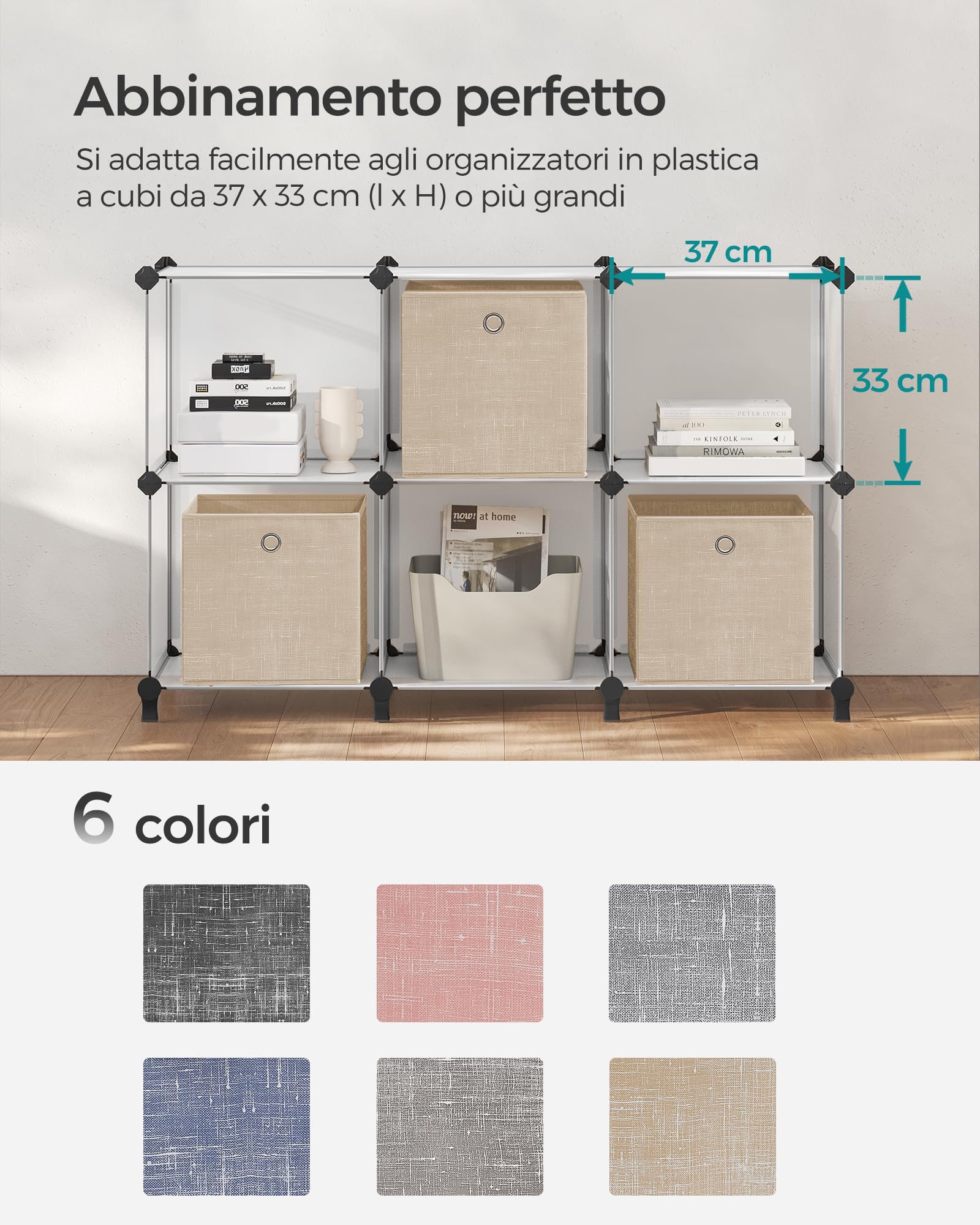 SONGMICS Scatole Portaoggetti, Set di 6 Contenitori in Tessuto Non Tessuto con Manico, 30 x 30 x 30 cm, Unità di Organizzazione, per Scaffale, Pieghevoli, Porta Abiti, Beige Sabbia RFB006K03