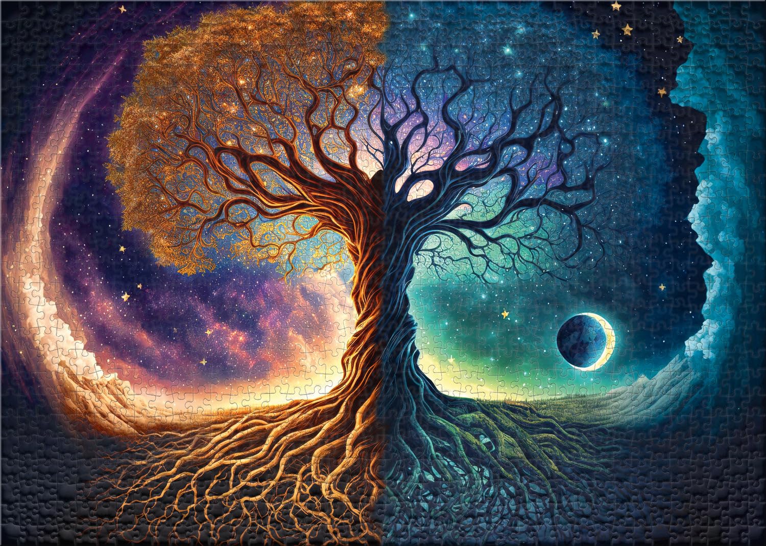 Ulmer Puzzleschmiede - Puzzle da 2000 pezzi "Albero del mondo" – motivo magico e cupo di Yggdrasil – mitologia nordica – Puzzle premium per adulti