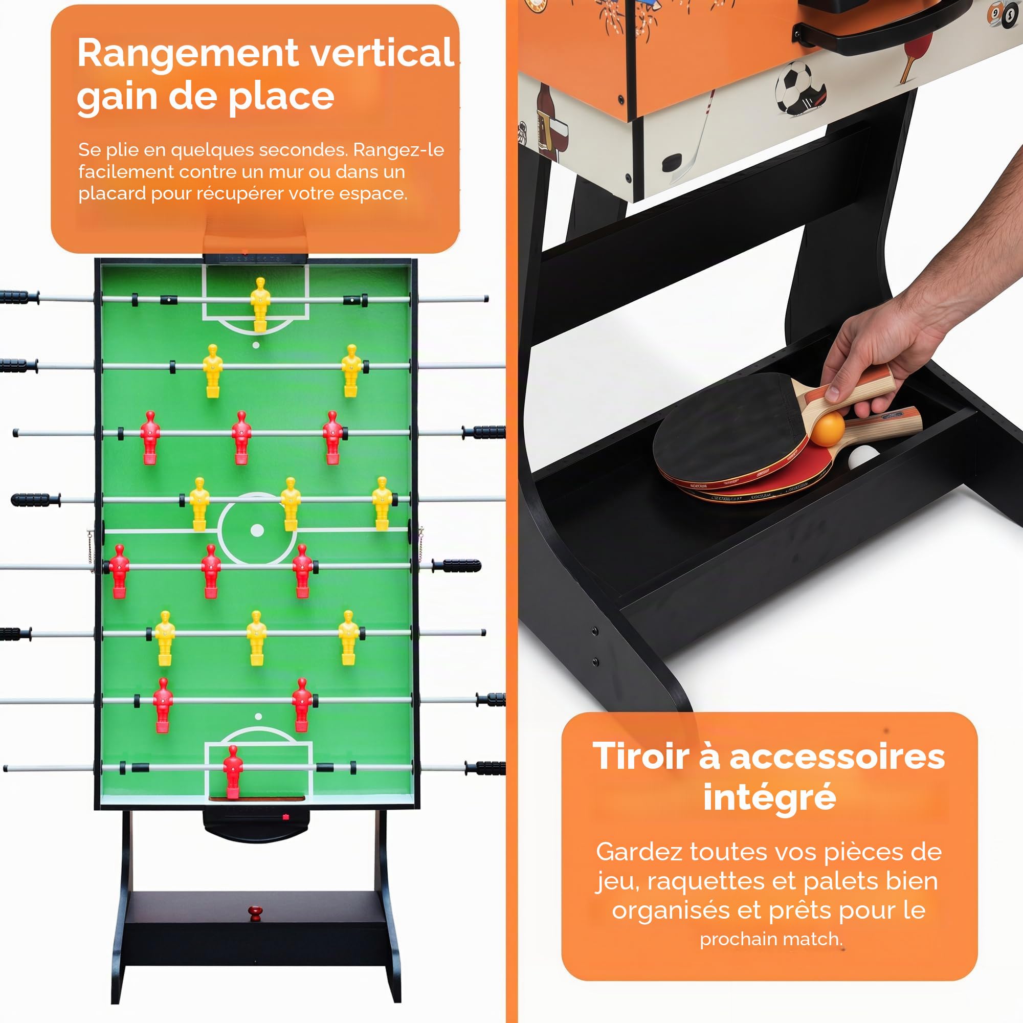 OYE 4FT 8 en 1 Zusammenklappbar multifunkniertes Jeu de Table - Football de Table(Tischkiker)/Tennis de Table/Hockey à air/Table de Billard, MDF