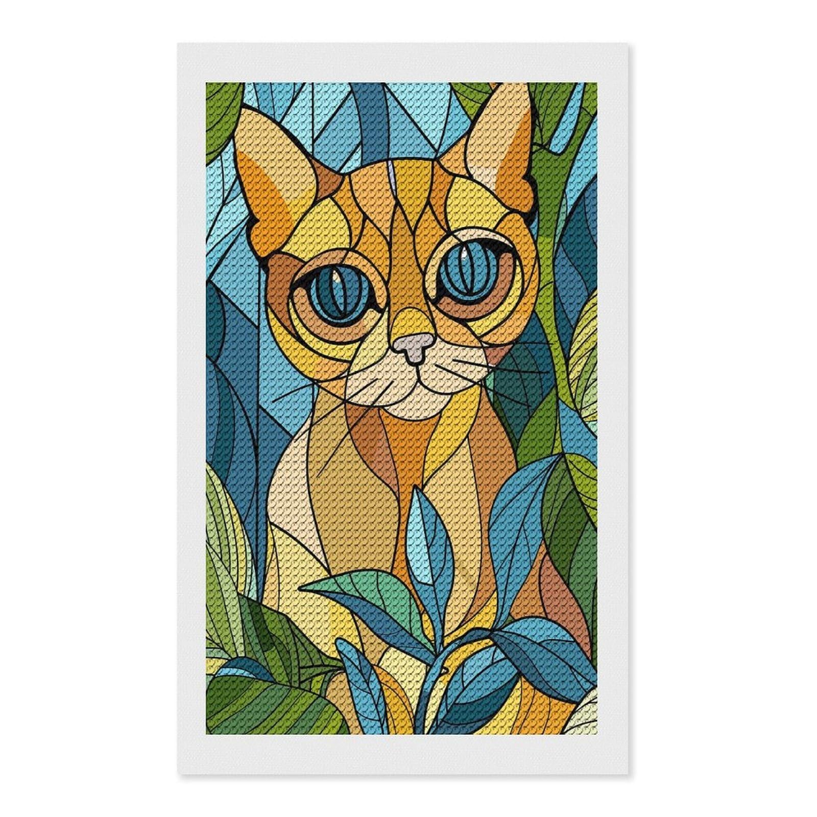 Junmoney Stained Glass Cat Among Leaves DIY Diamond Art Canvas Kit 12"x20", for Teens, Finish and Display, Holiday Gift Idea, Vintage Style Decor