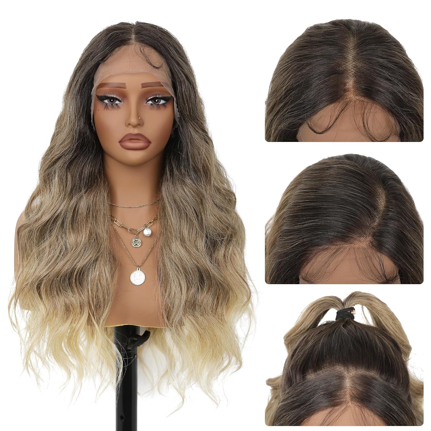 YOGFIT 13x4 Lace Front Wig, 26 Inch Body Wave Synthetic Lace Wig Glueless Pre Plucked Ready to Wear with Baby Hair for Women Natural Looking (Blonde Mix Ombre Dark Roots) 26 Inch Blonde Mix ombre dark roots