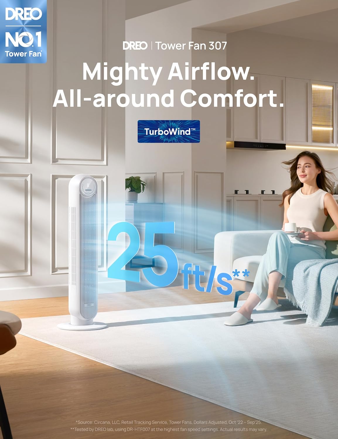 DREO Tower Fan for Bedroom, 25ft/s Velocity Quiet Floor Fan, 90° Oscillating Fans for Indoors with 4 Speeds, 4 Modes, 8H Timer, Standing Fans, Bladeless Fan, White (DR-HTF007)