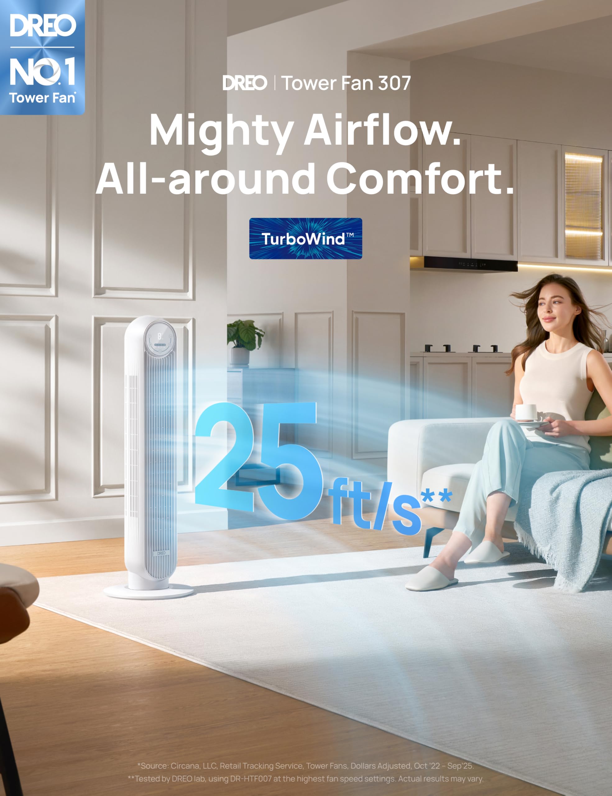 DREO Tower Fan for Bedroom, 25ft/s Velocity Quiet Floor Fan, 90° Oscillating Fans for Indoors with 4 Speeds, 4 Modes, 8H Timer, Standing Fans, Bladeless Fan, White (DR-HTF007) - 3