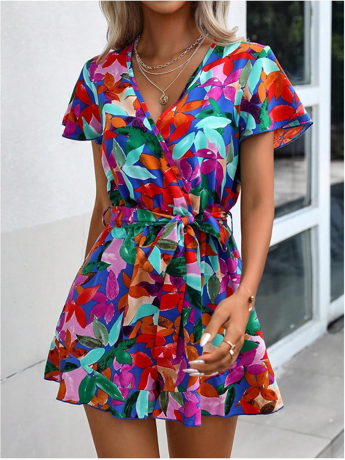 Milumia Women's Colorblock Floral Short Sleeve Romper Belted Waist Boho Shorts Jumpsuit - Image 2