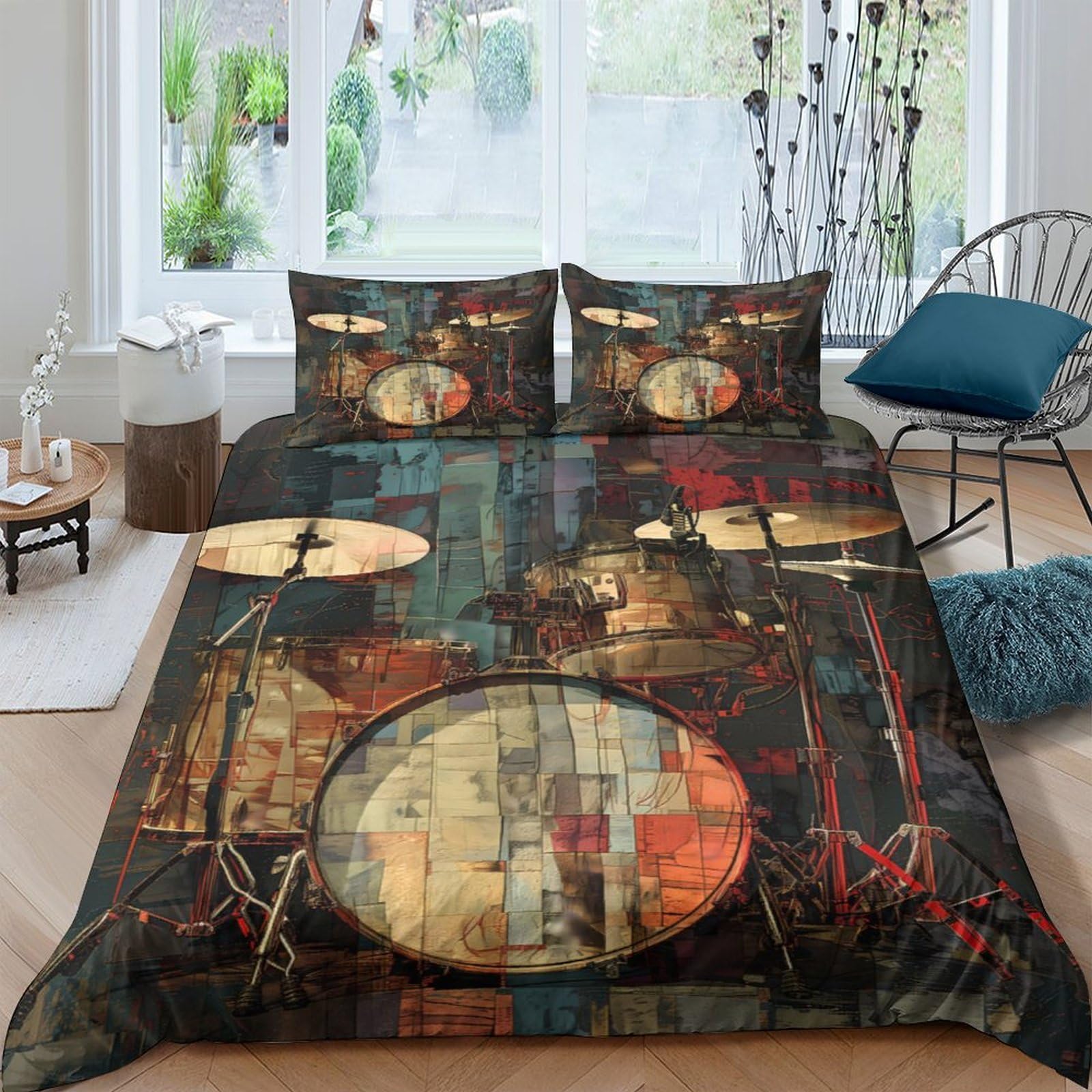 Ctjqhvkz Style-9 3D Printed Drum Set Fitted Sheet Microfiber Soft Vibrant Vintage Percussion Bed Cover For Bedroom Dorm Mattress Decor Single（135X200cm）
