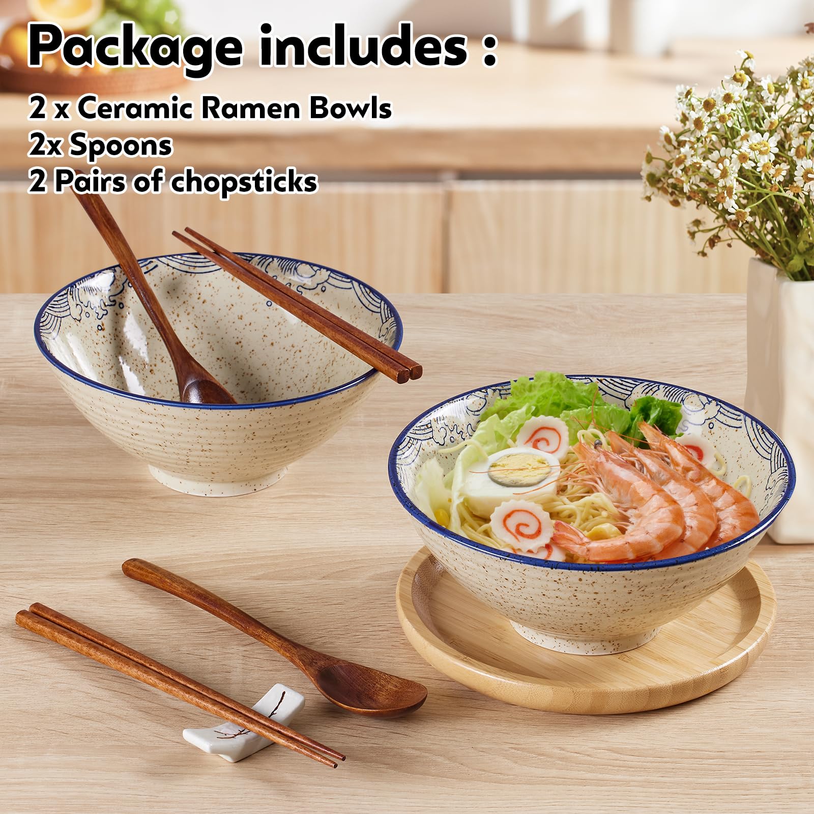 2 cuencos de cerámica para ramen de 40 onzas, cuenco grande de sopa de fideos japoneses de 8 pulgadas, palillos y cucharas a juego, adecuados para Pho, fideos asiáticos Udon (juego de 2