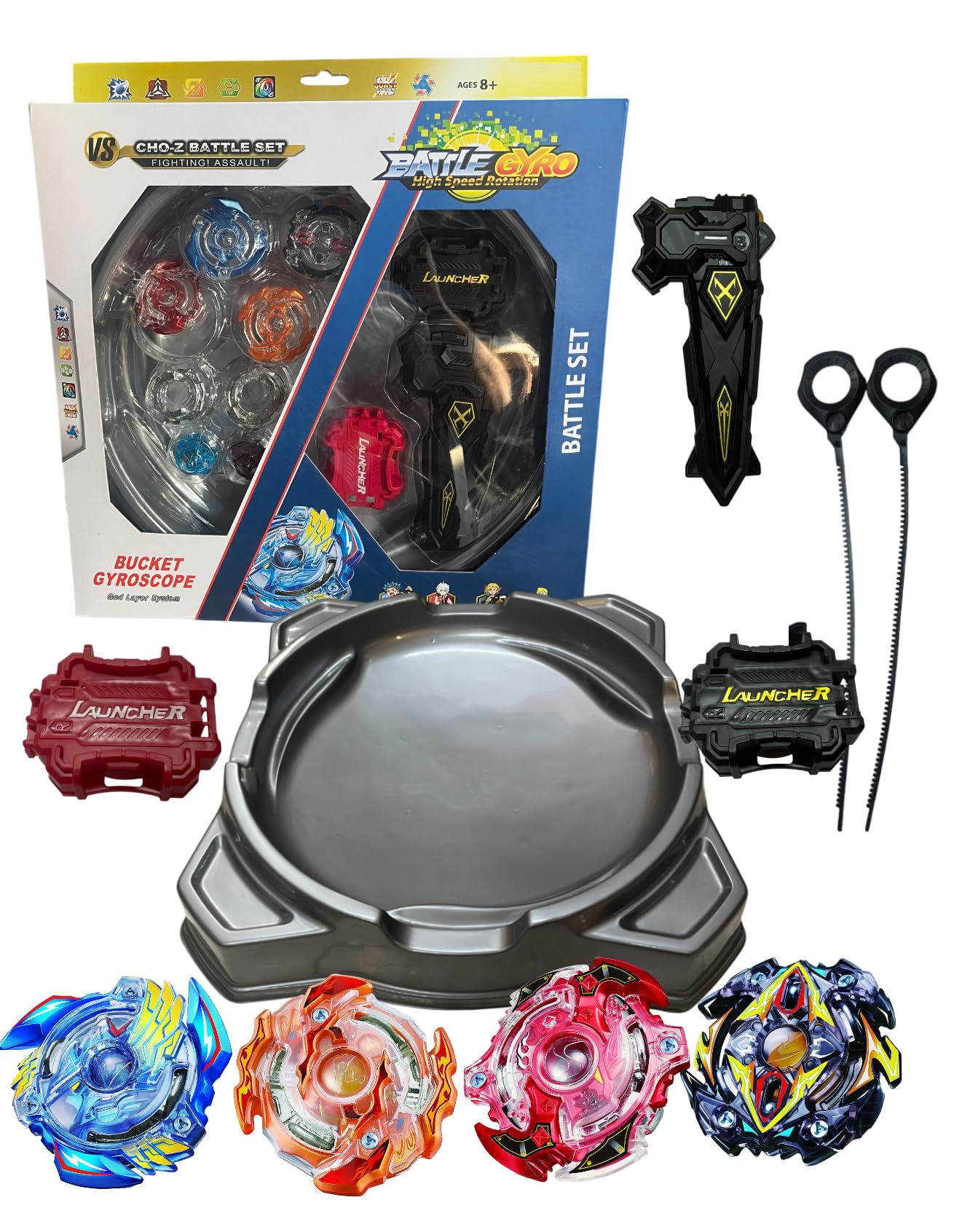 Bestie toys Battle God Layer Battle Stadium Attack Defense Balance Stamina' The Complete Pack Metal Ringed Spinner Burst with Launcher(2 top + 2 Layer, 2 x Launcher,2 Cord and 1 Grip)-image-24