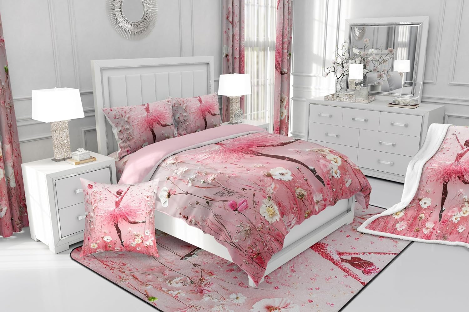 Erosebridal Girls Pink Ballerina Bedding Set Toddler,African Amercian Black Girl Comforter Cover Pink Princess Ballet Duvet Cover for Kids Bedroom Decor