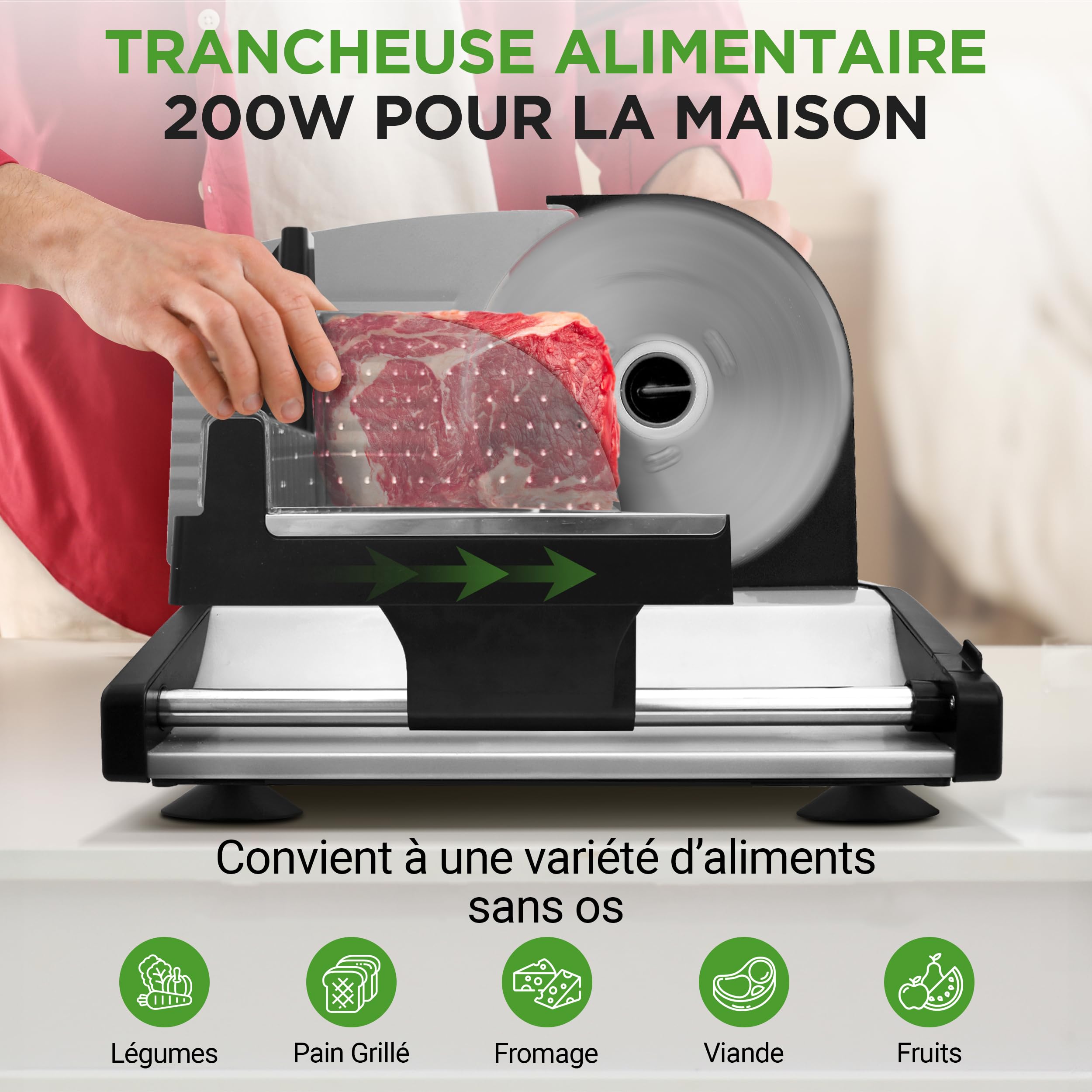 NutriChef Trancheuse Électrique 200 W pour Viande et Pain – Lame Amovible Inox 19 cm, Épaisseur Réglable 0 à 15 mm, Trancheuse Automatique Compacte, Noir