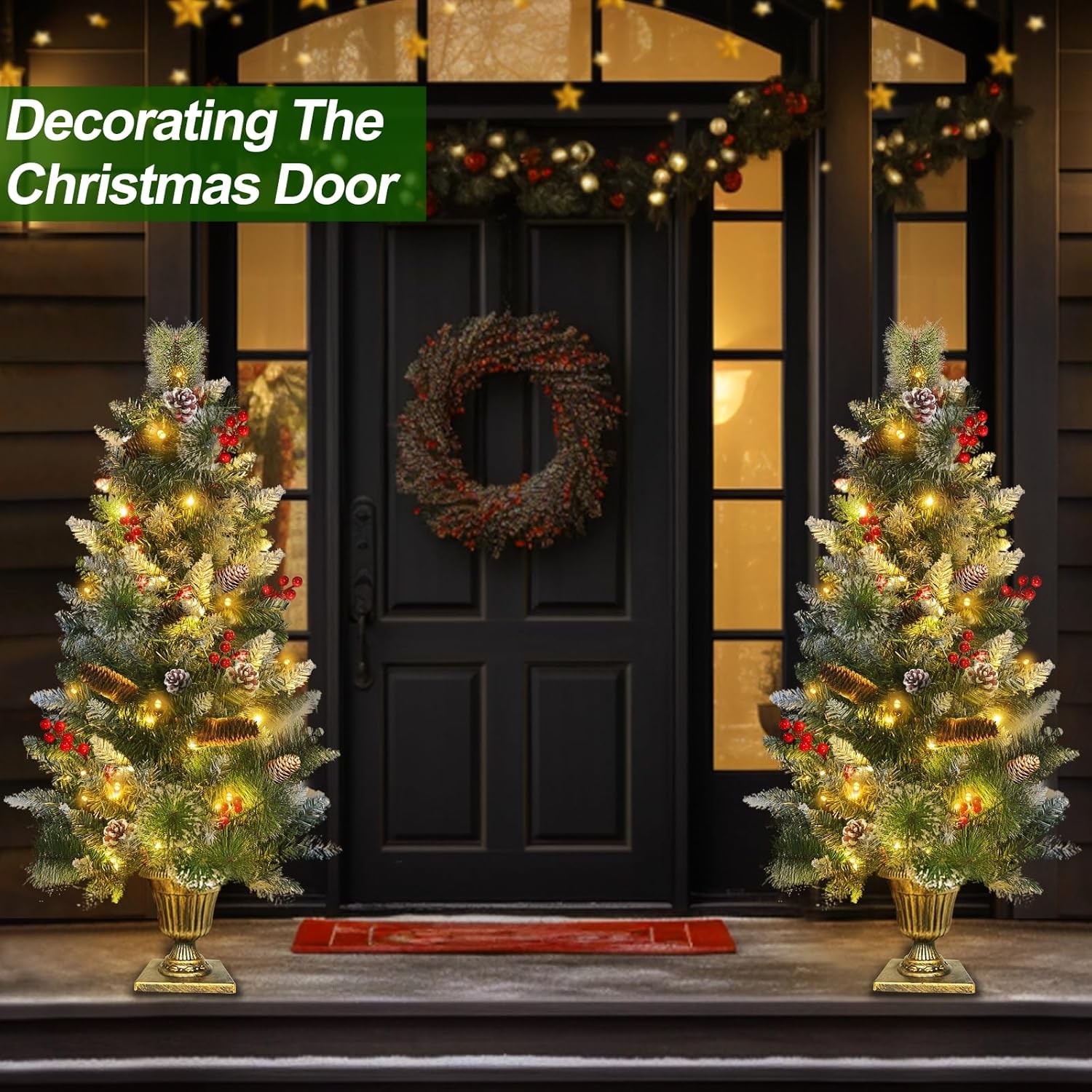 2 Pack 4FT Snowy Artificial Potted Christmas Entrance Tree -3 Mode Timer 80 Warm White&Multi Color Change Light 12 Mode Remote 15 Pinecone 105 Red Berries Battery Powered Fraser-Look Fir Outdoor Porch