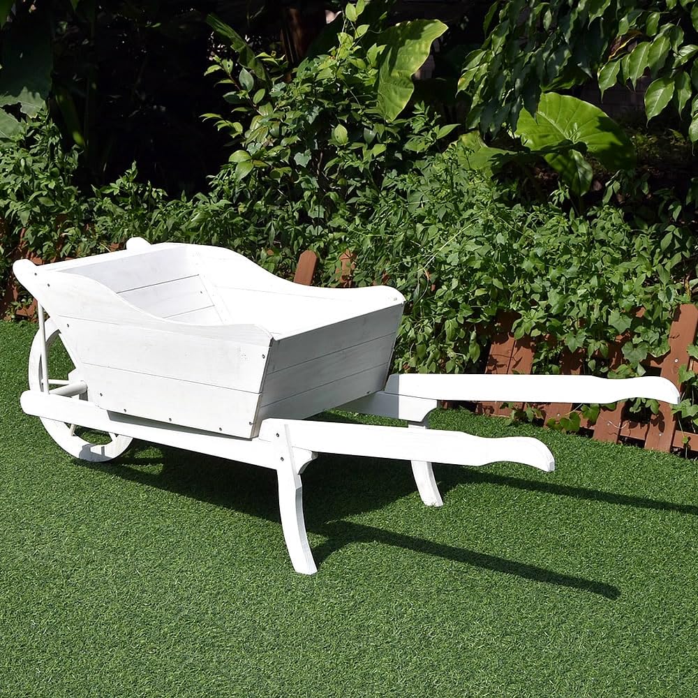 Mucola Pflanzschubkarre Blumenschubkarre Holz Deko 129x45x43 cm Weiß | und UV-beständig vorbehandelt, geräumige Ladefläche für Blumentöpfe und Kräuter, Blickfang für Terrasse und Balkon