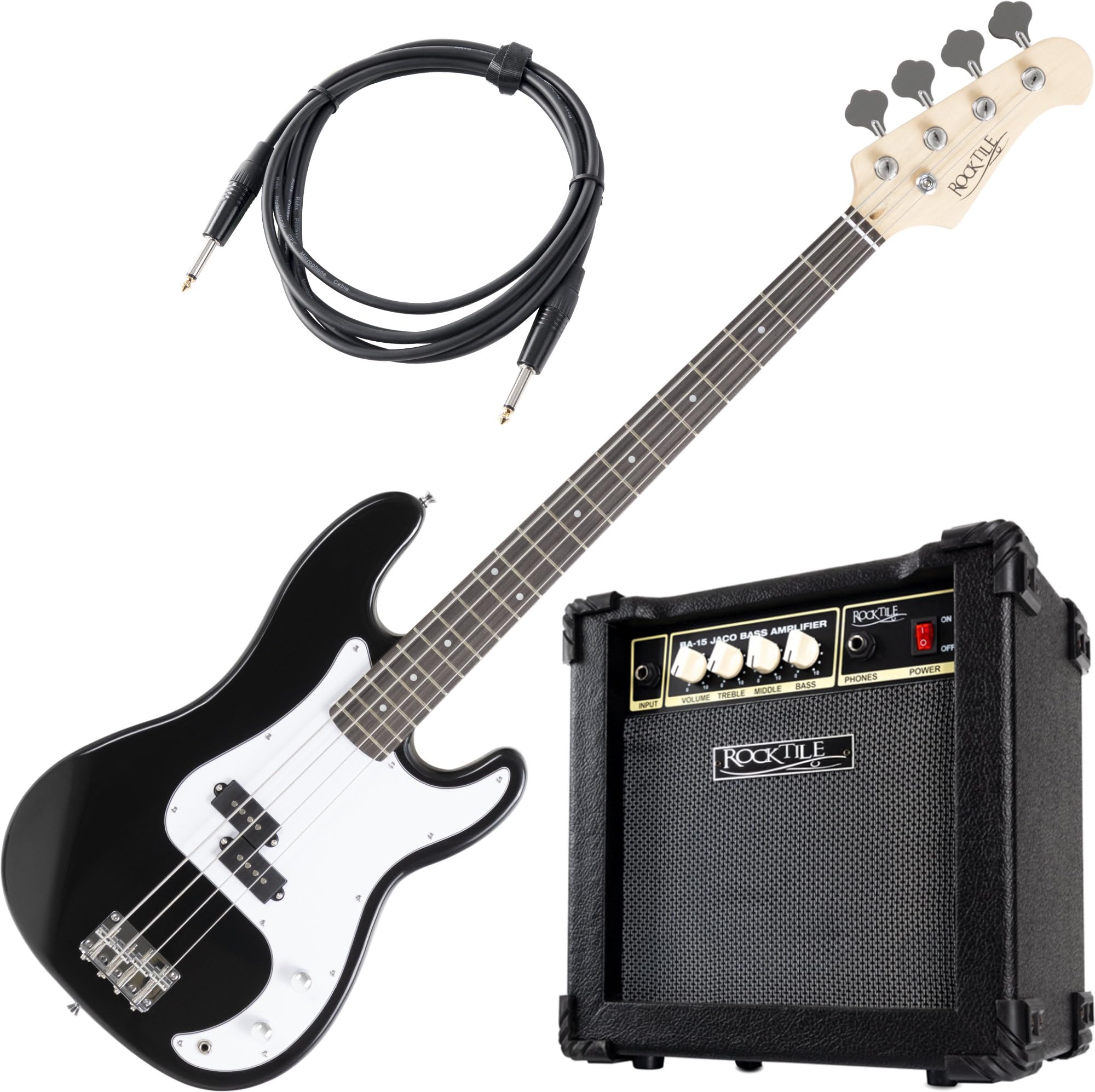 Rocktile Puncher E-Bass Black Jaco Set, Bajo, Modelo: Puncher Black | Peso: 4, 0 kg, Número de cuerdas: 4, Orientación: Diestro, Forma del cuerpo: P-Bass, Cuerpo: Caoba, Mástil: Arce, Trastes: 22