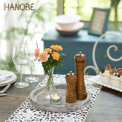 Miniatura 57 de Hanobe Bandeja de madera rústica: bandeja decorativa redonda de madera para mayordomo, centro de mesa, bandejas portavelas, bandeja otomana