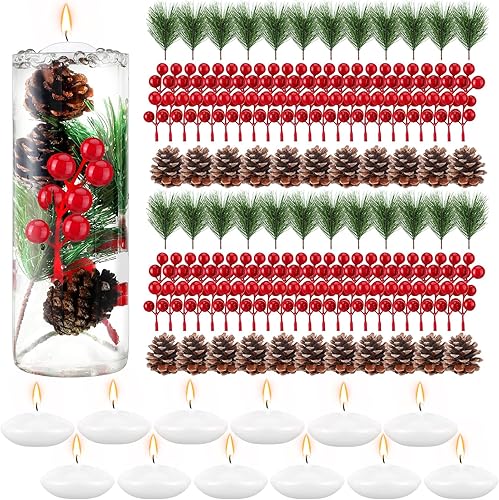 86 piezas de relleno de jarrón de Navidad, velas flotantes de Navidad, centro de mesa, tallos de bayas rojas sintéticas, ramas de pino, piñas,