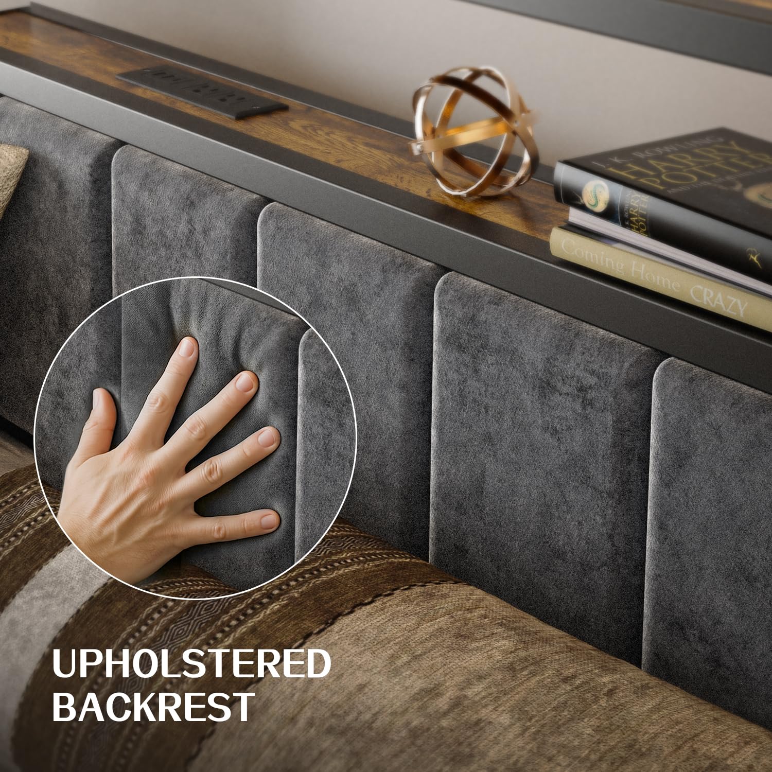 Close-up of the upholstered backrest on the headboard