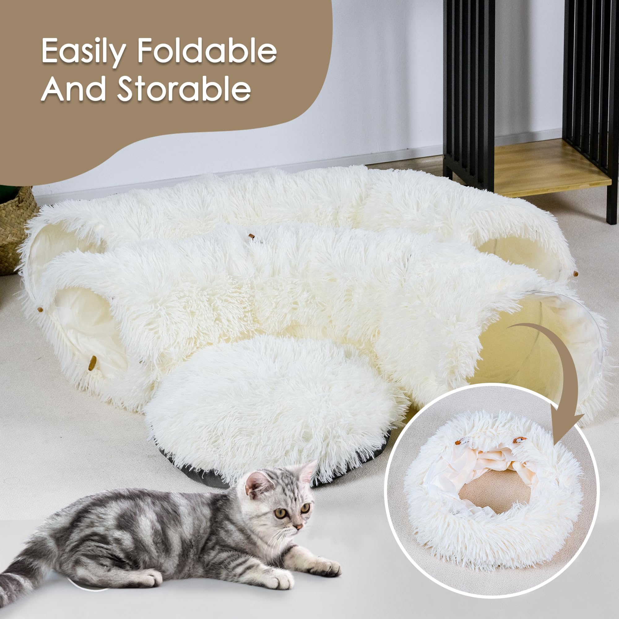 Catasaurus Peekaboo - Cama tipo túnel para gatos de interior, con alfombrilla de juego suave lavable, tubo peludo, para gatito/cachorro/conejo, beige-N