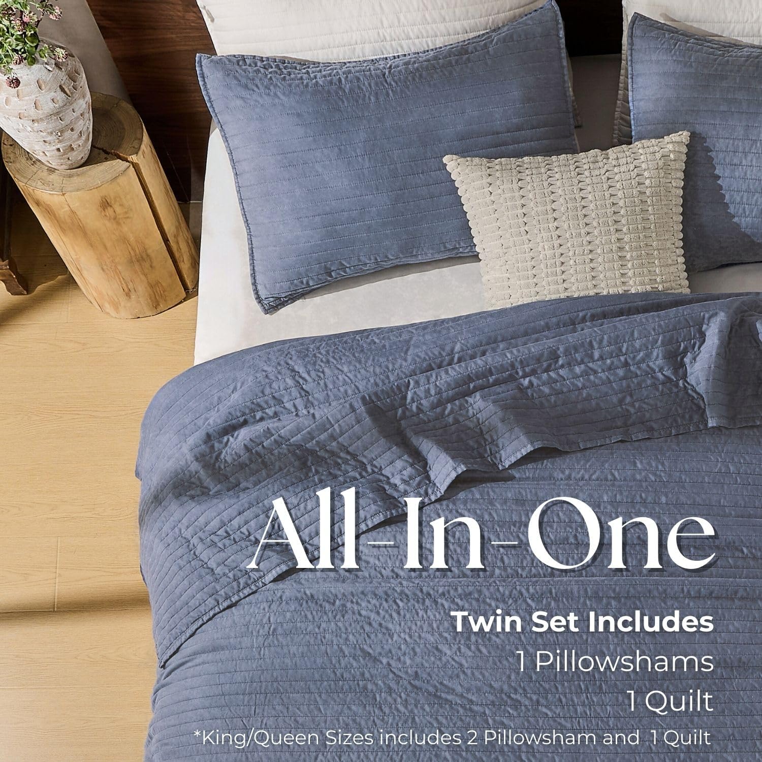 DOWN HOME King Quilt Bedding Set with Shams, Vintage Washed Soft Quilted Blanket Thin Comforter Lightweight Bedspread Coverlet Bed Cover, Brushed Microfiber Stripe Stitching, Vintage Denim, 104"x90" - Image 8