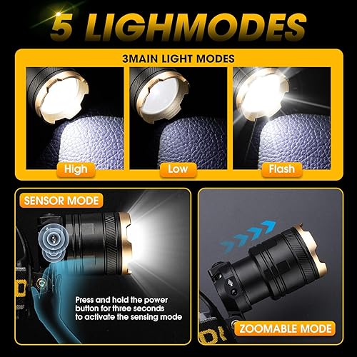 Miniatura 3 de Linterna frontal recargable de 1,000,000 LM, luces de cabeza ajustables de 90 para la frente, faros para adultos recargables, lámpara de cabeza