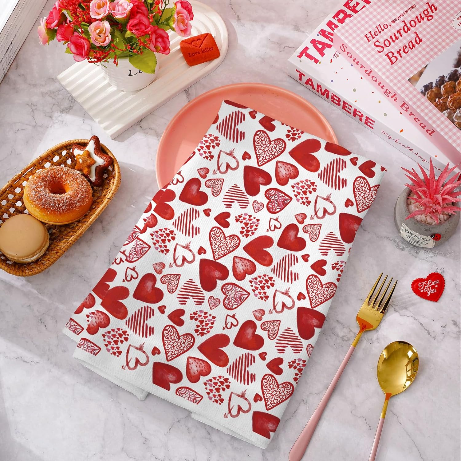 Valentine's Day Kitchen Towel Watercolor Red Hearts Dish Towels 18 x 28 Inch Watercolor Love Heart Hand Drying Tea Towel for Wedding Anniversary Cooking Baking, Set of 2 - Image 4