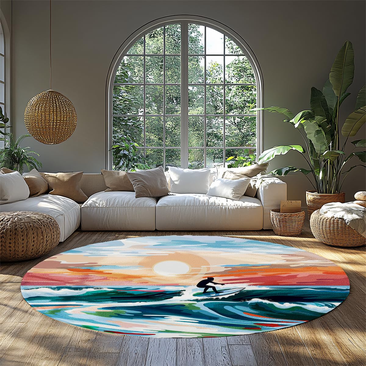 Tapis de salon rond 80cm motif vagues de surf moquette chambre lavable