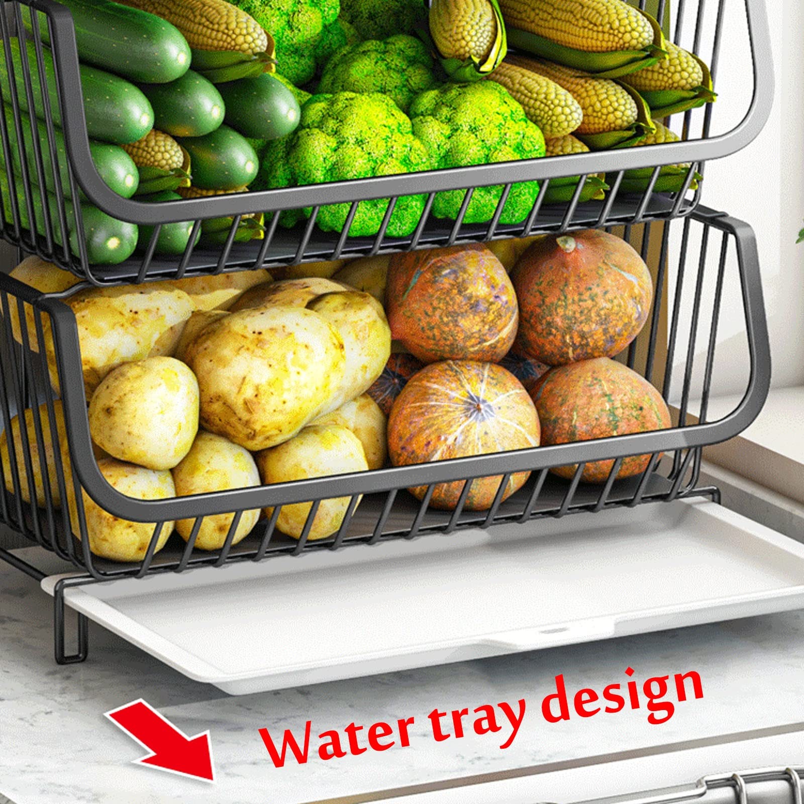 Carrello portaoggetti in filo metallico a 5 ripiani su ruote per cucina, ripiani impilabili, contenitori per frutta e verdura con cassetti estraibili per soggiorno, camera da letto e bagno