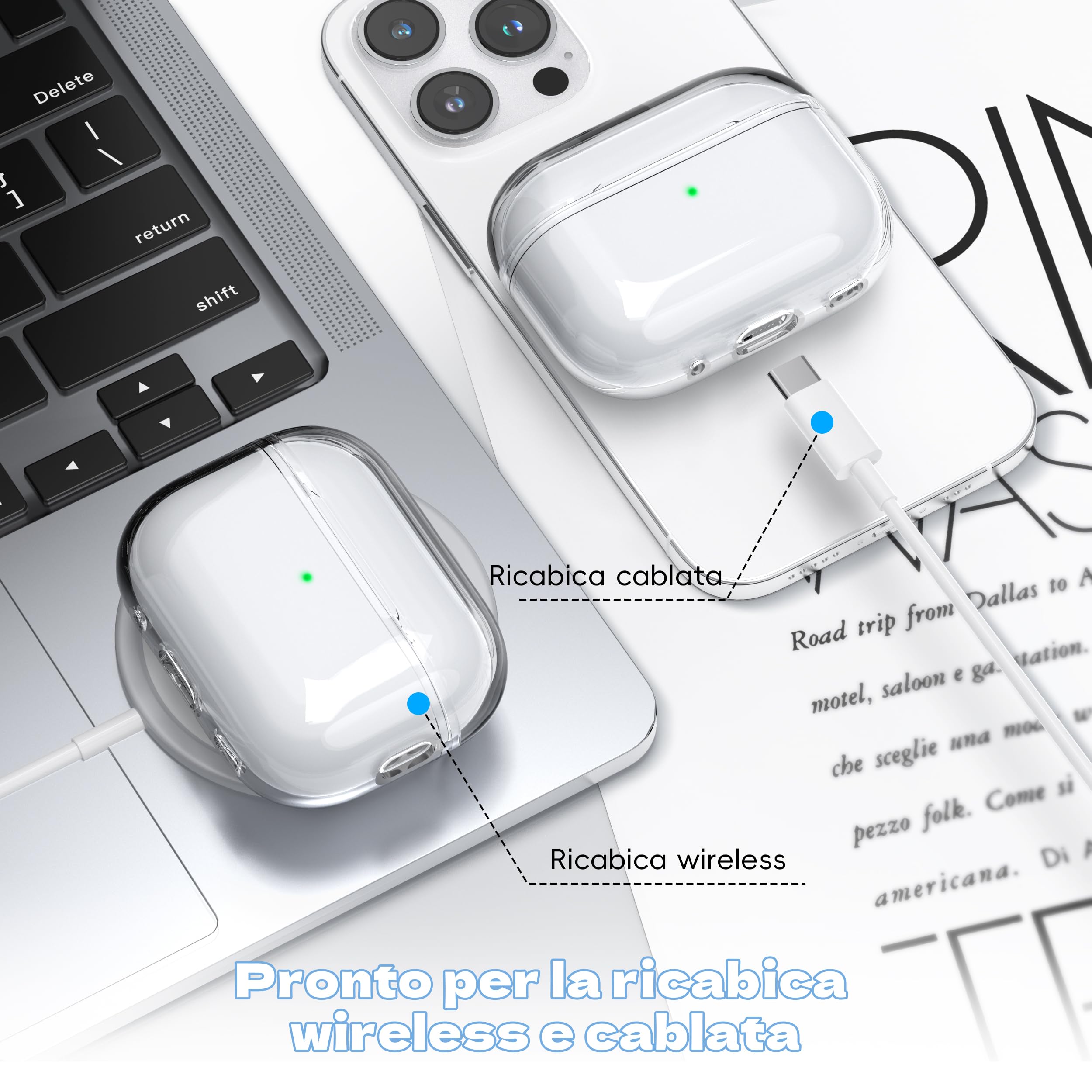 Custodia per Airpods Pro 2a/1a gen, Compatibile con Custodia Airpods Pro 2a gen Porta di ricarica USB C, Custodia morbida trasparente antiurto con penna per pulizia cordino,Trasparente