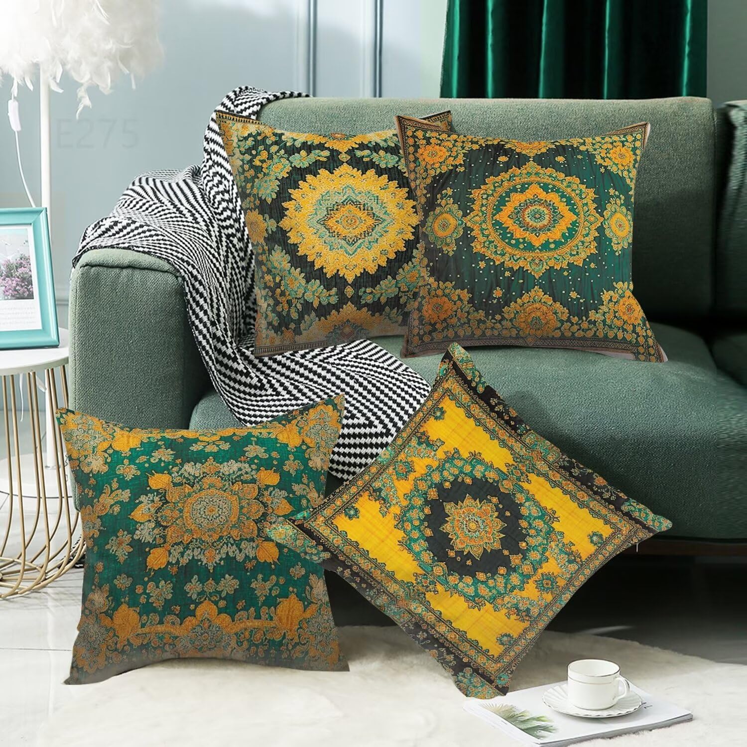 Giallo senape Federe Cuscini Divano 50x50cm,4 Pack Boemia Estate Esterno Cuscini per Divano,Doppio Lato Quadrato Morbido Cuscini Divano,per Divano Soggiorno Sedia Autunno Dekoration Cuscino LY-275