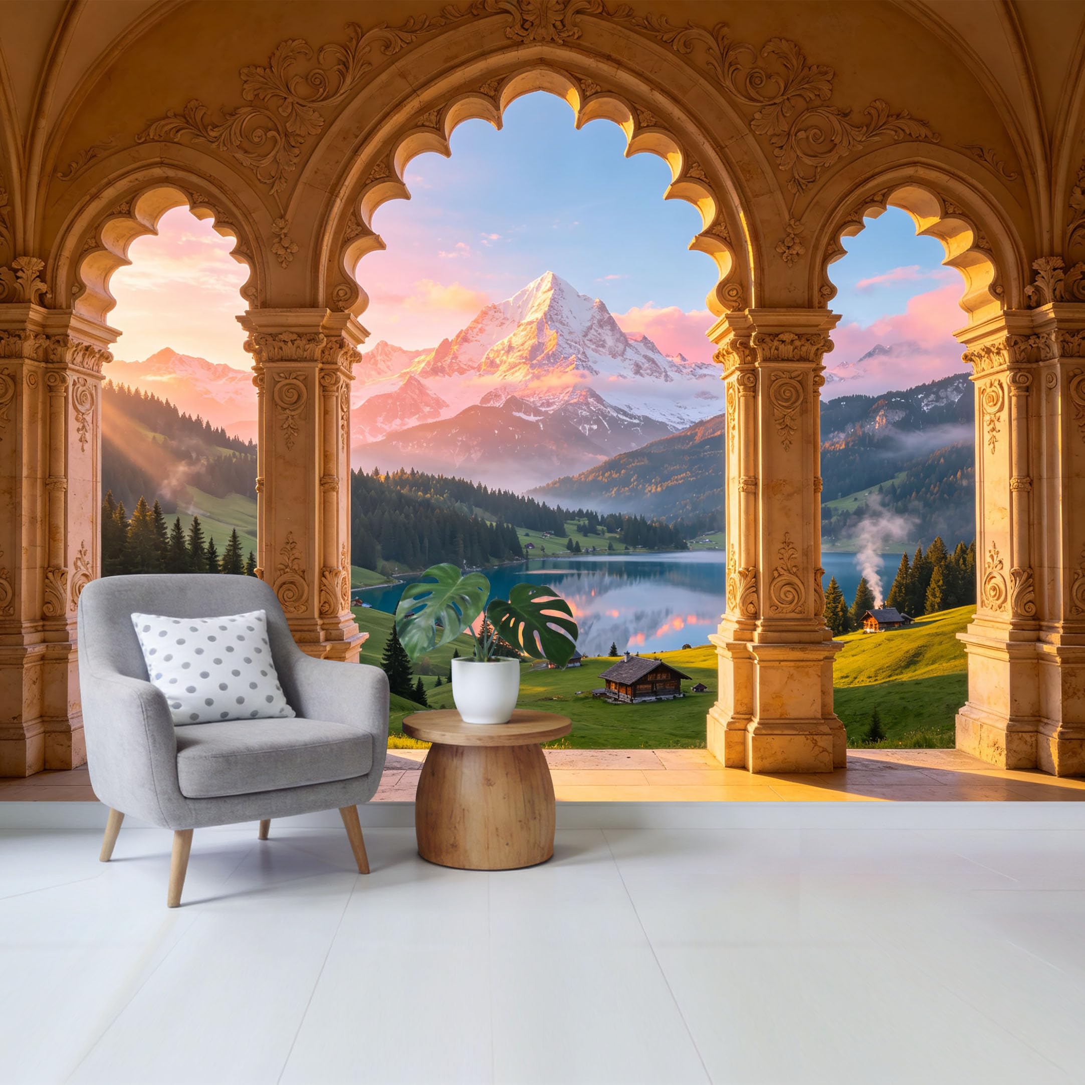 Removable Self Adhesive Fabric Mural， 3D Trompe L'Oeil Alpine Mountain Lake Landscape Custom Size Wall Covering， UV Protected Waterproof Washable Wall Decor for Living Room Bedroom Bathroom