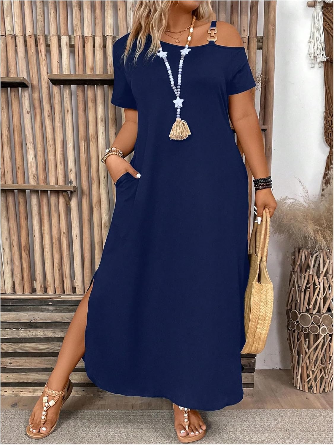 SOLY HUX Women's Plus Size Cold Shoulder Short Sleeve Split Hem T Shirt Dress Summer Long Maxi Dresses - Image 5