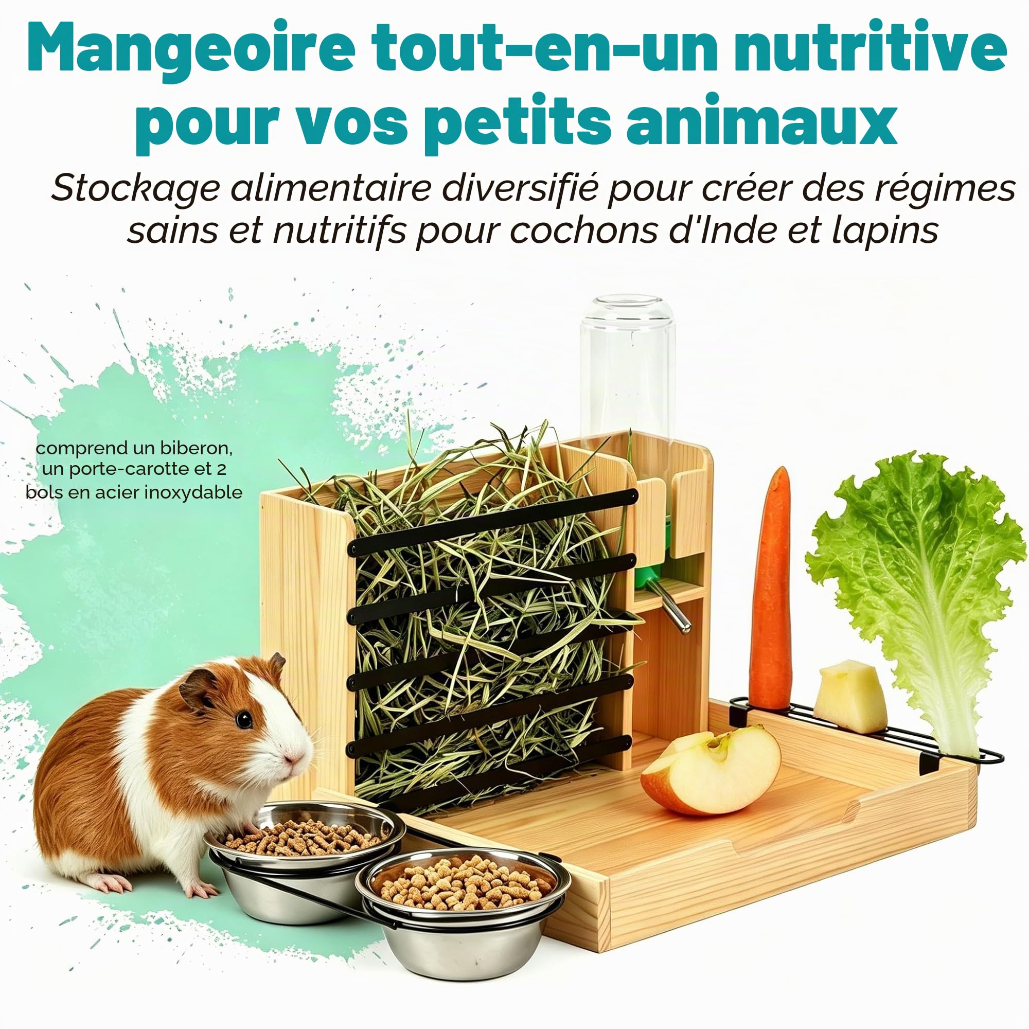 Grand râtelier à foin en bois pour lapin, mangeoire avec gourde, 2 gamelles, support pour carotte et distributeur automatique de nourriture pour lapins nains, cochons d'Inde, hamsters