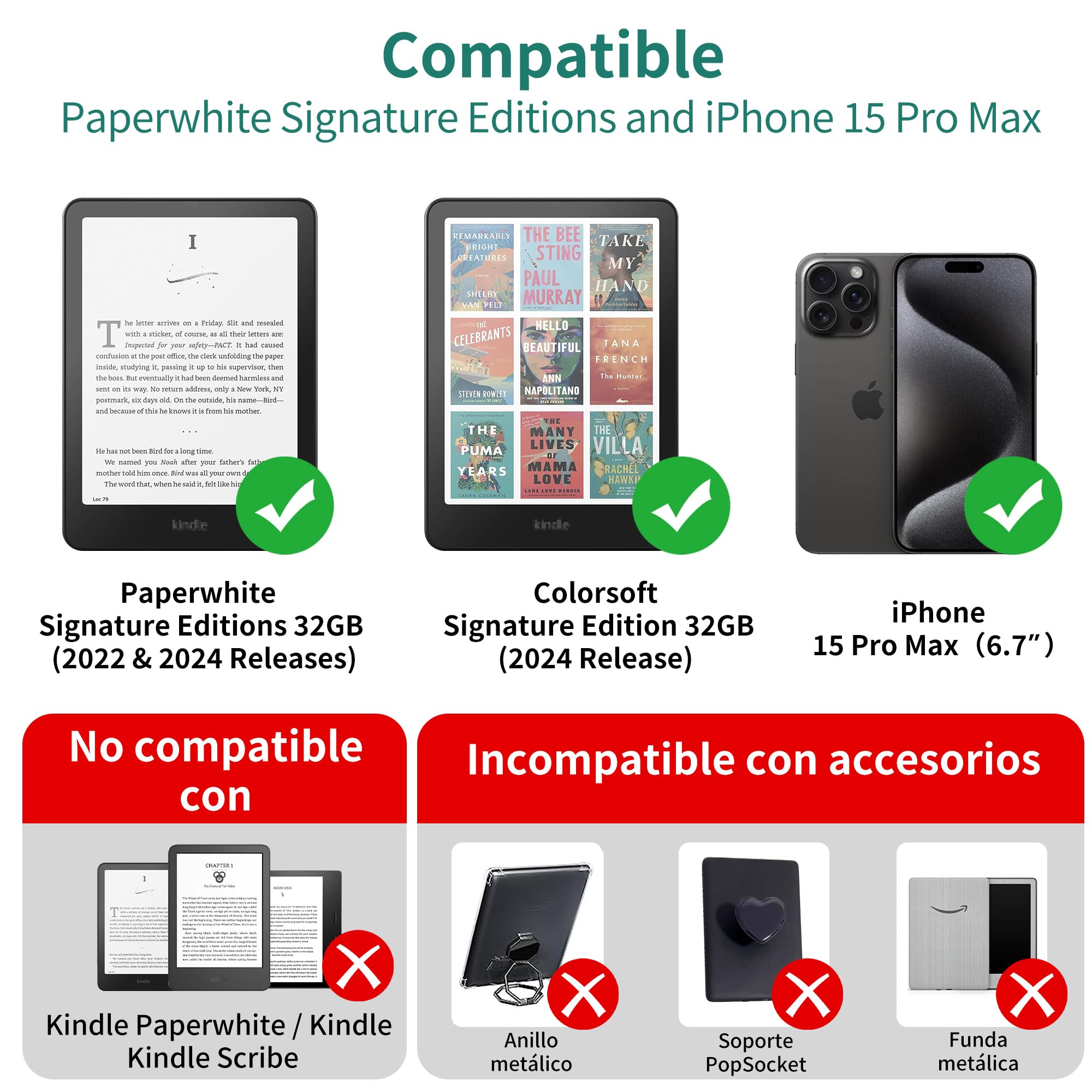 PlusAcc Estación de carga inalámbrica para Kindle Paperwhite Signature Editions (2022 y 2024) y Colorsoft Signature Edition y smartphones, soporte de carga plegable, compatible con iPhone 14 Pro Max