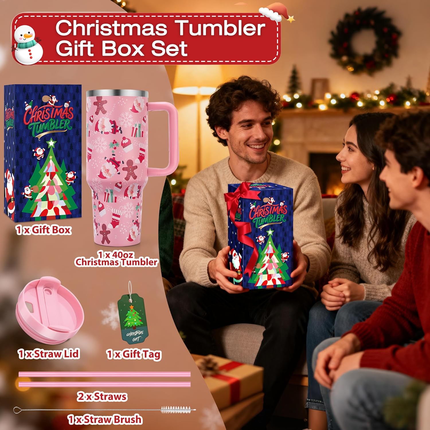 TaroKitc Christmas Gifts for Women Men, 40 oz Christmas Tumbler with Handle and Straw Lid, Xmas Insulated Stainless Steel Travel Coffee Mug, Cup Holder Friendly, Pink Santa and Gingerbread Man - Image 7