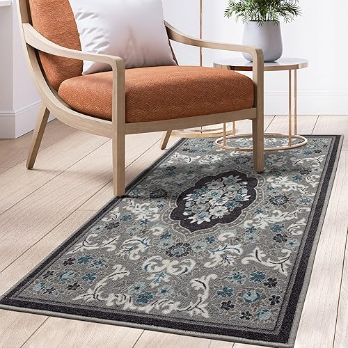 Antep Rugs Alfombras antideslizantes (antideslizante) 2 x 4 con parte trasera de goma moderna floral de bajo perfil para cocina (gris, 2 pies 3 Antep Rugs Alfombras antideslizantes (antideslizante) 2 x 4 con parte trasera de goma moderna floral de bajo perfil para cocina (gris, 2 pies 3