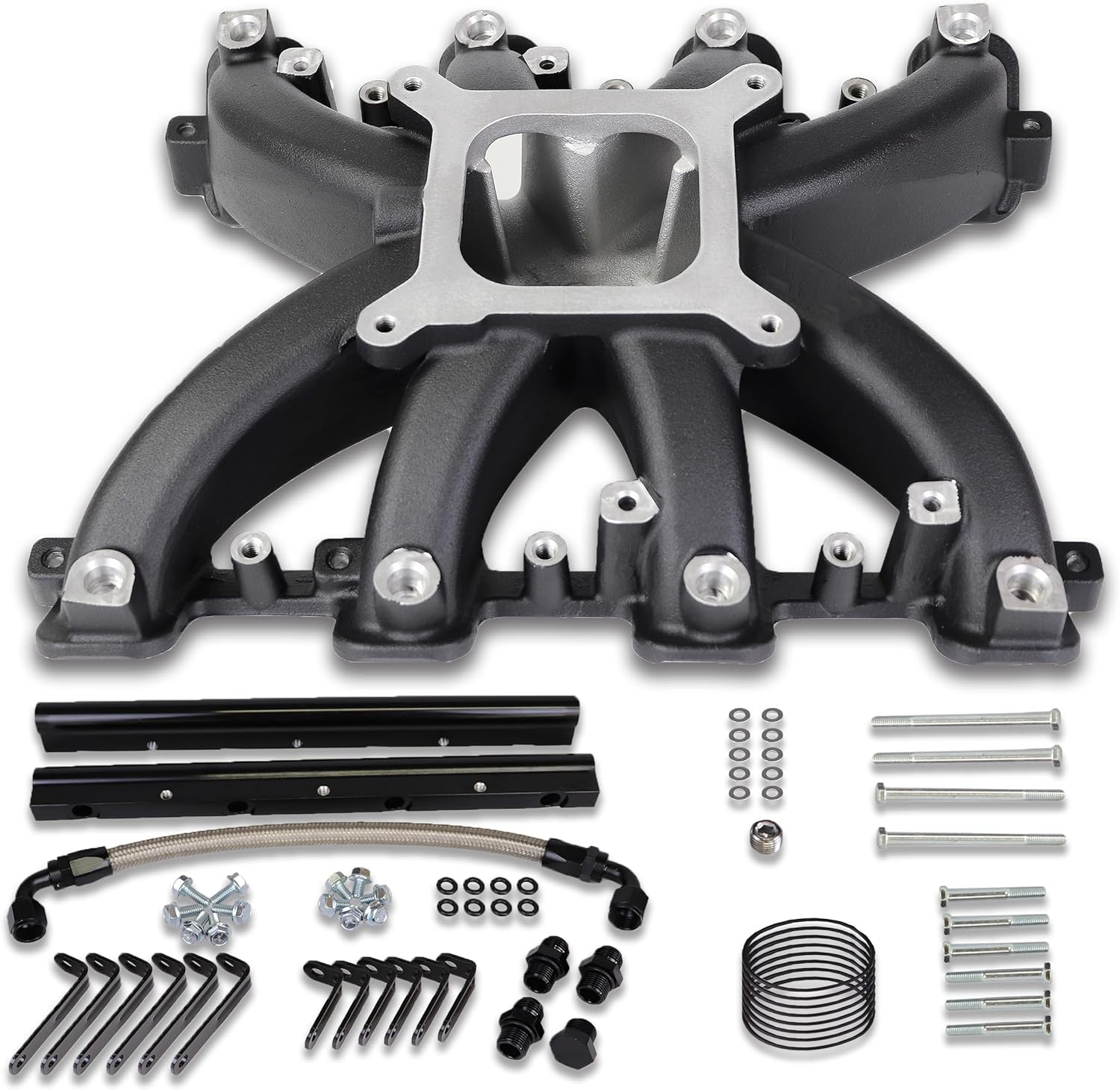 300137 Aluminum Single Plane Mid-Rise EFI LS Intake Manifold Compatible with Chevy GM LS3 L92 Rectangle Port V8 Engine 6.2L with Fuel Rail Kit (LS1 LS2 LS6 Black)