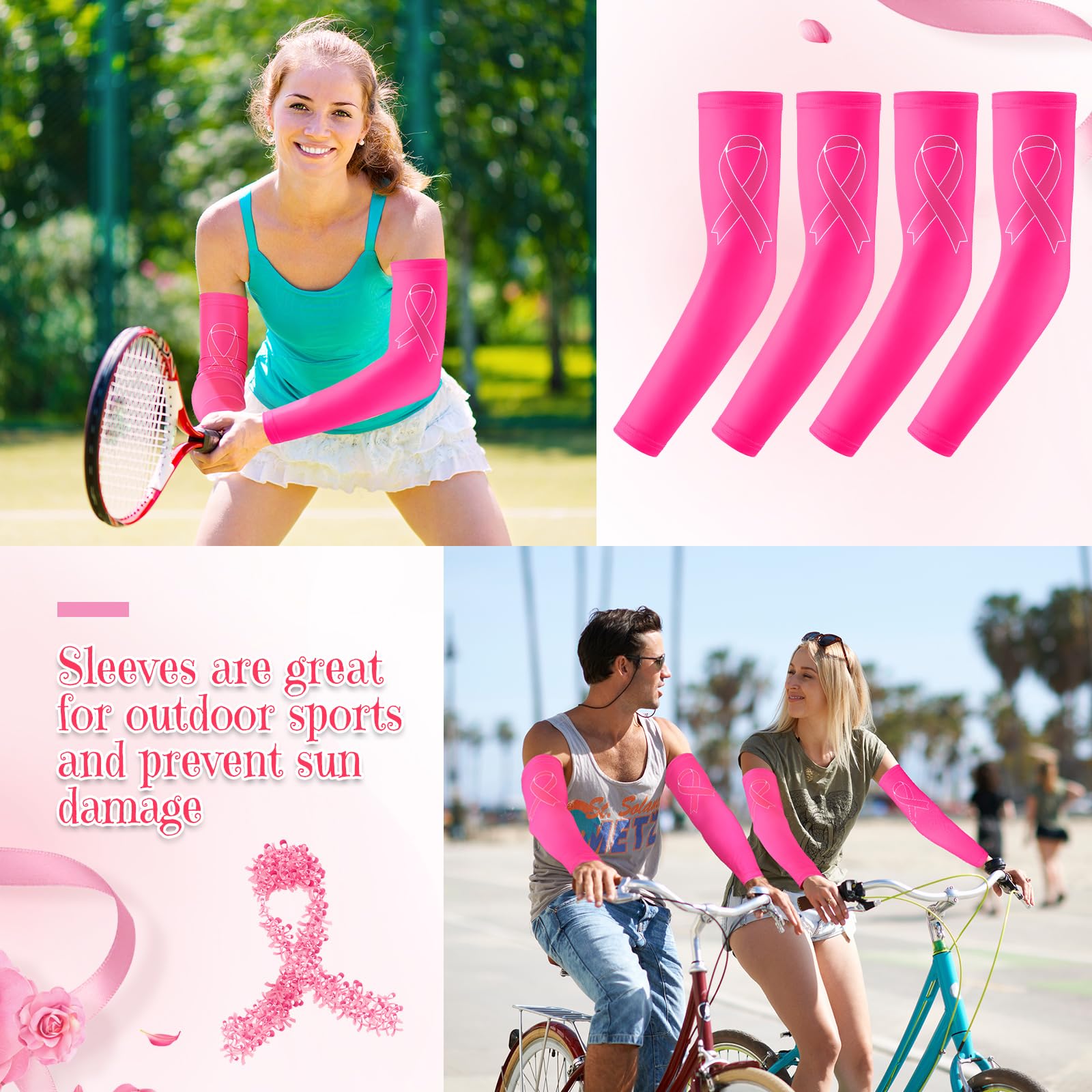 Zhehao 18 Paar Brustkrebs-Bewusstseinsmanschetten mit rosa Schleife, Kompressions-Armstulpen für Sport, kühlende Armstulpen für Damen